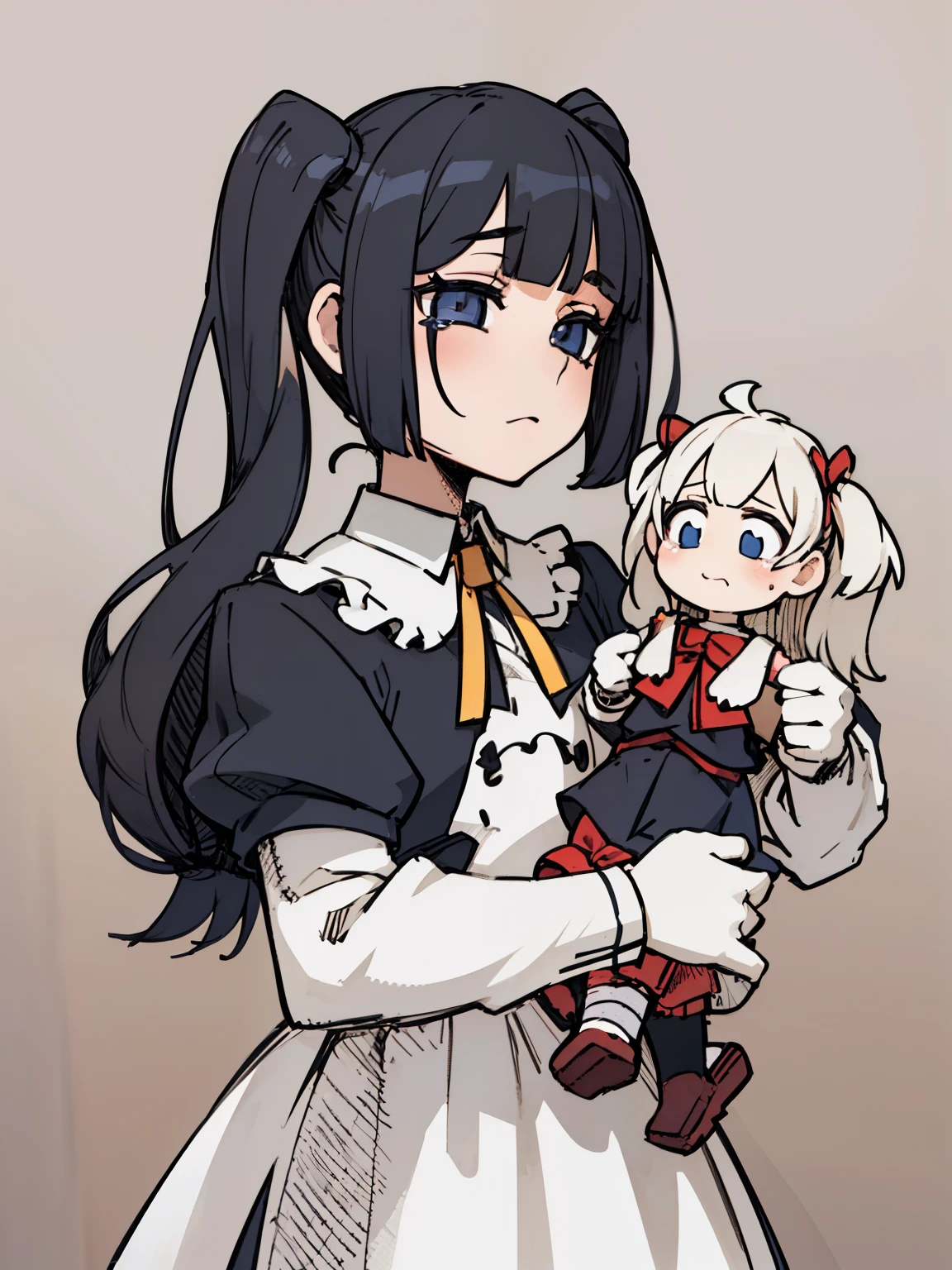 two-dimensional, Masterpiece, top quality, highly detailed eyes, Highly detailed face, ((A 10-year-old girl,front,whole body,Lolita,long skirt,black hair,twintails),childhood,child,holding doll,cute,Q version,cry,Sword and magic style,Different world,middle Ages,White background