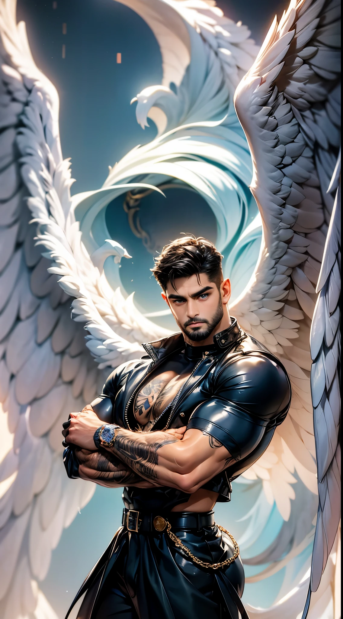 Daegan Tronos LoRa(1), no more characters, handsome, muscle, detailed face, wings of angel(symmetrical style), blue eyes(iris color), small beard, medium haircut, leather jacket, tattooed arms, champion stance(body), visual harmony, epic wallpaper.