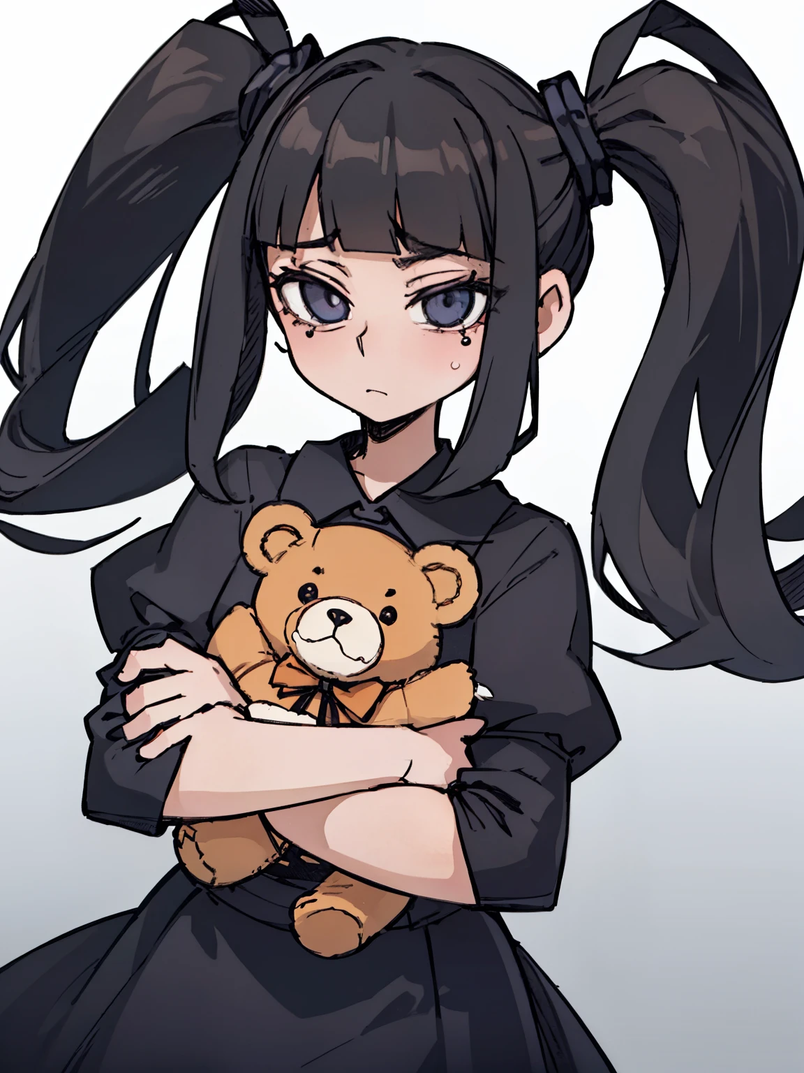 two-dimensional, ​Masterpiece, top quality, highly detailed eyes, Highly detailed face, （（A 10-year-old girl，front，whole body，Lolita，long skirt，black hair，twintails），childhood，child，Holding the bear doll，cute，Q version，cry，Sword and magic style，Different world，middle Ages，White background