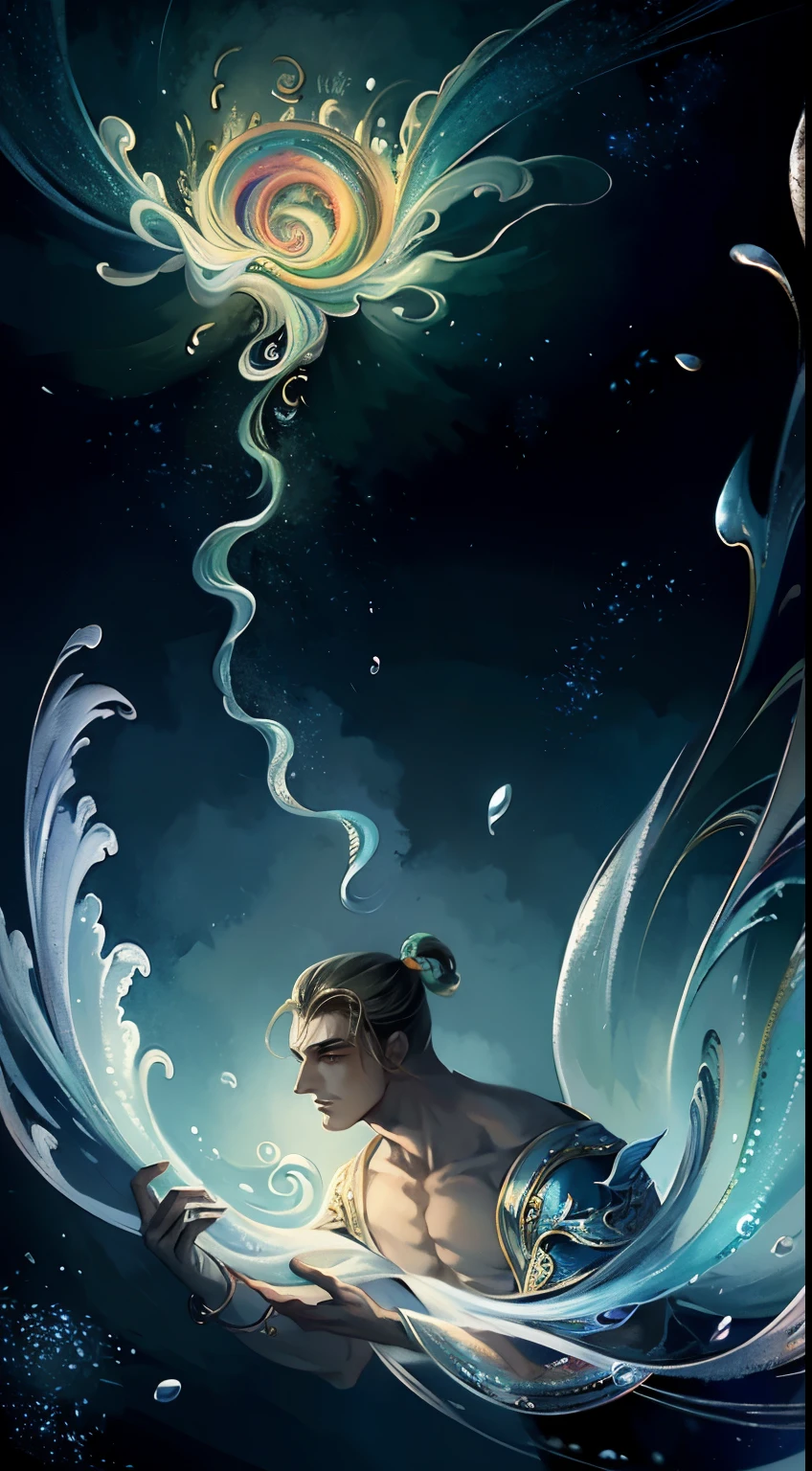 Masterpiece in the realm of fantasy art, portrays a mature man with a muscular build, standing amidst a dark theme. His mature, adult face is etched with lines of wisdom, as his piercing eyes focus intently on casting a magic array above his head. Bubbles of various sizes ascend, illuminated by the radiant rainbow sunlight filtering through the underwater scene.
Floating glass sheets reflect the magical rainbow light, creating an ethereal aura. Surrounding the man, a wind vortex spins, swirling the bubble swirls and casting a gentle glow upon his upper body. Naked from the waist up, the man's skin