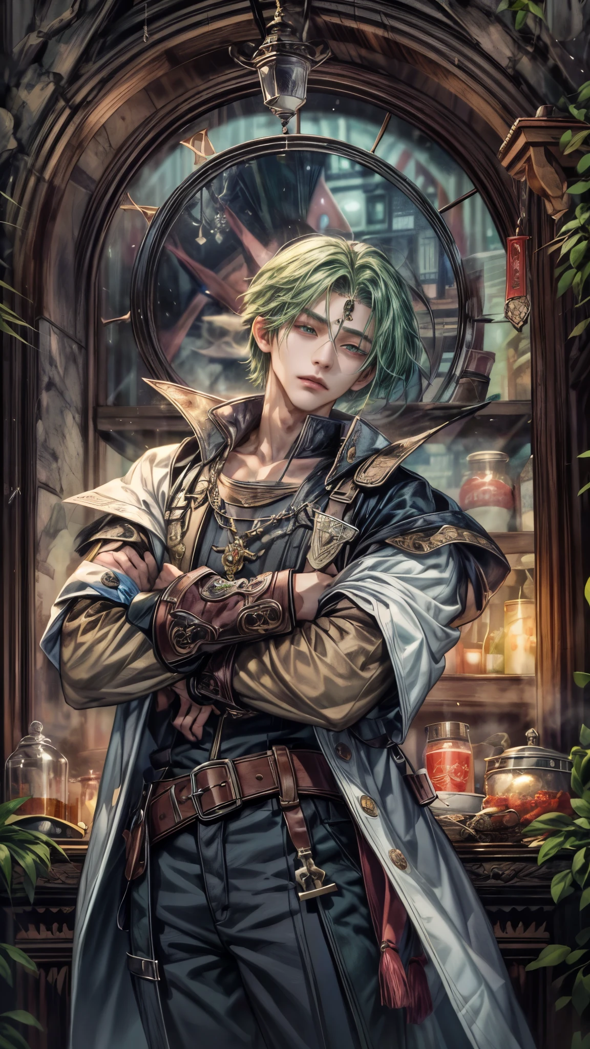 (absurdres, highres, ultra detailed, HDR), masterpiece, intricate, best quality, portrait of a handsome villain from Final Fantasy IX, green hair, short hair, korean face, anime eyes, mage outfit , wearing detailed circlet, detailed interiors of a clock shop, night time showing big moon in the windows , detailed character