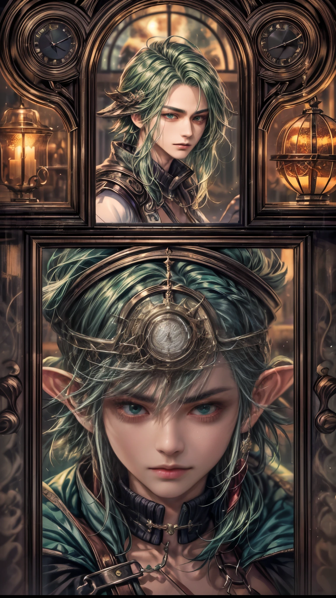 (absurdres, highres, ultra detailed, HDR), masterpiece, intricate, best quality, portrait of a handsome villain from Final Fantasy IX, green hair, short hair, korean face, anime eyes, mage outfit , wearing detailed circlet, detailed interiors of a clock shop, night time showing big moon in the windows , detailed character