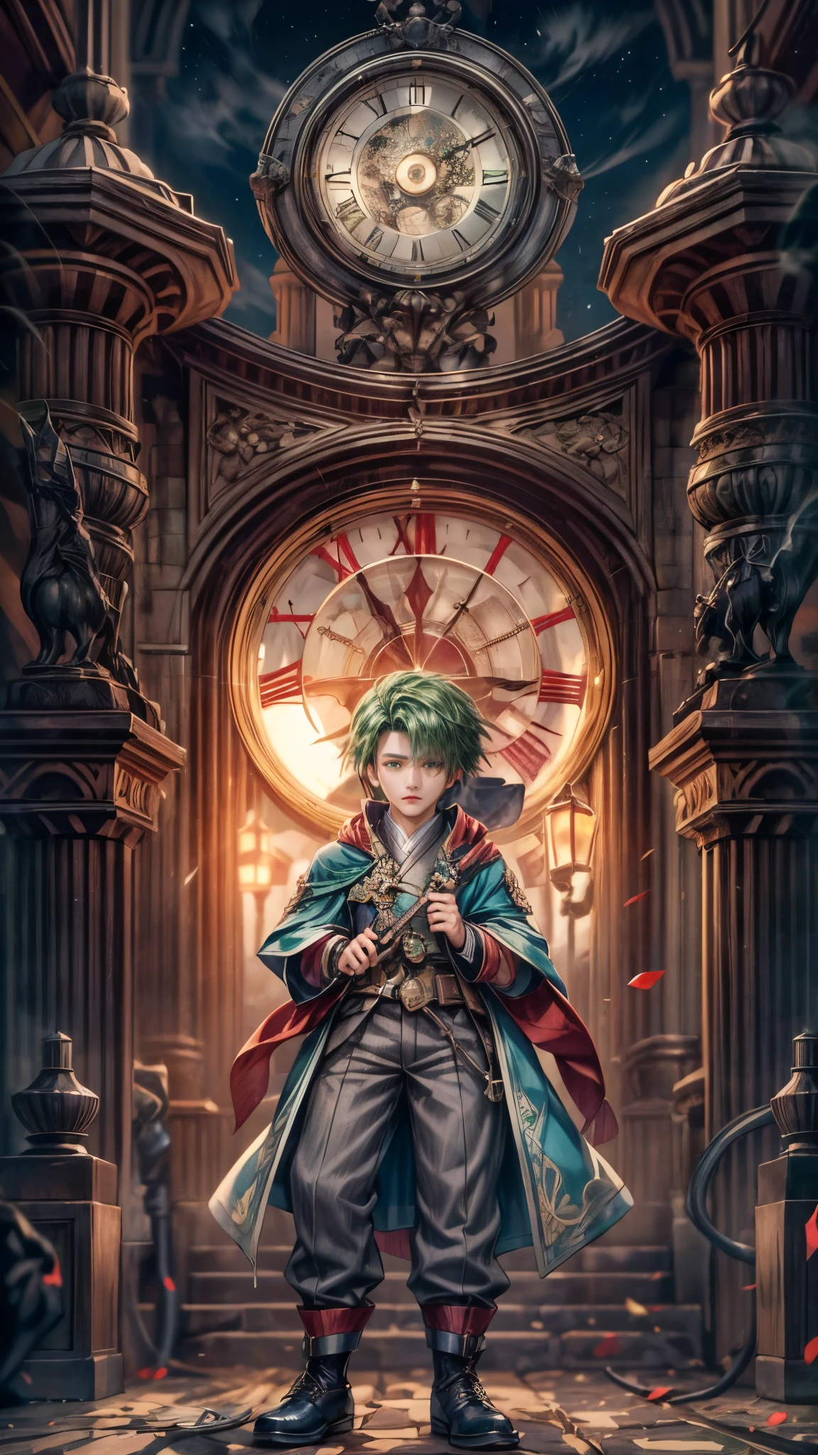 (absurdres, highres, ultra detailed, HDR), masterpiece, intricate, best quality, portrait of a handsome villain from Final Fantasy IX, green hair, short hair, korean face, anime eyes, mage outfit , wearing detailed circlet, detailed interiors of a clock shop, night time showing big moon in the windows , detailed character