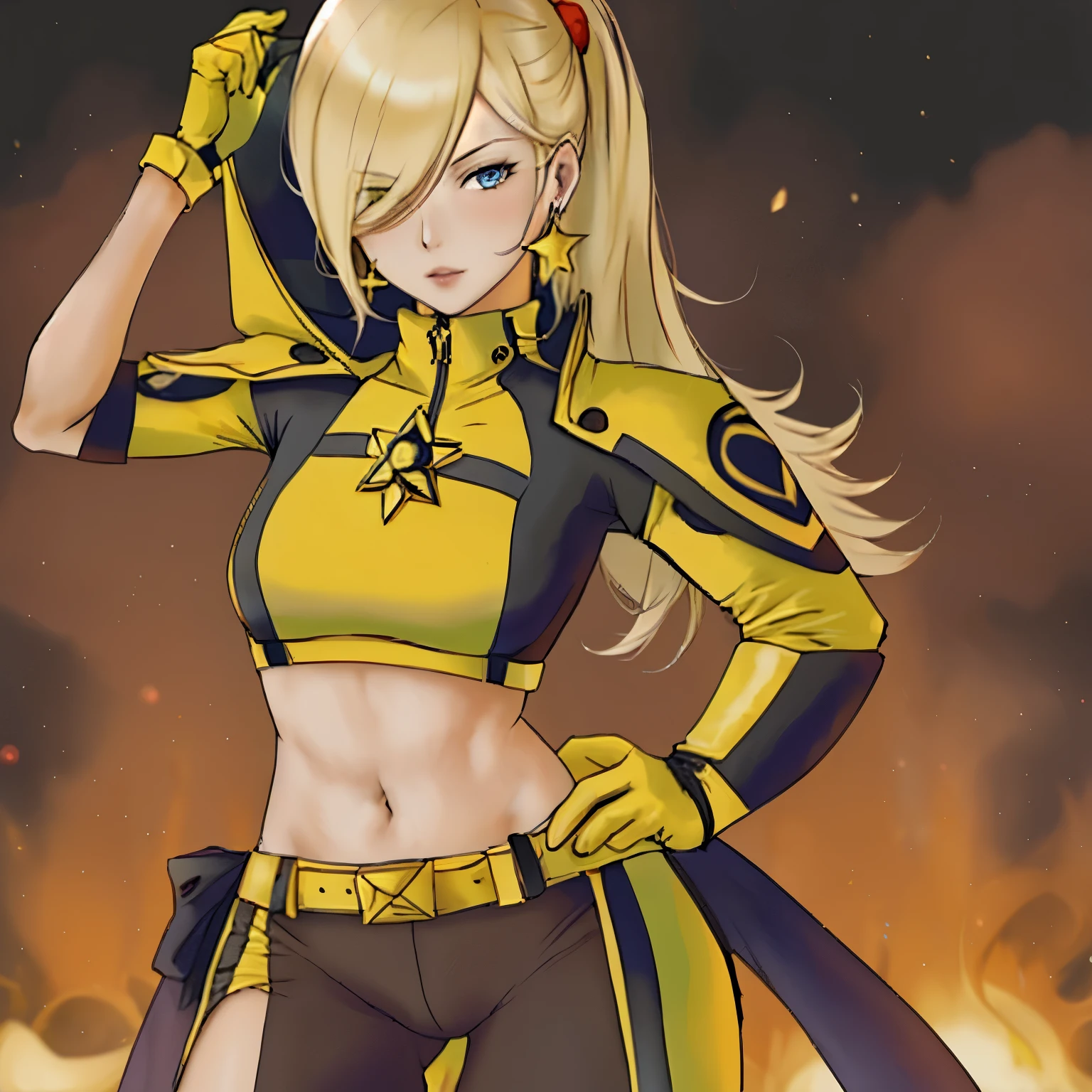 version female of Scorpion from MKII, blonde woman, Scorpion outfit, Rosalina look a like, yellow classic outfit,