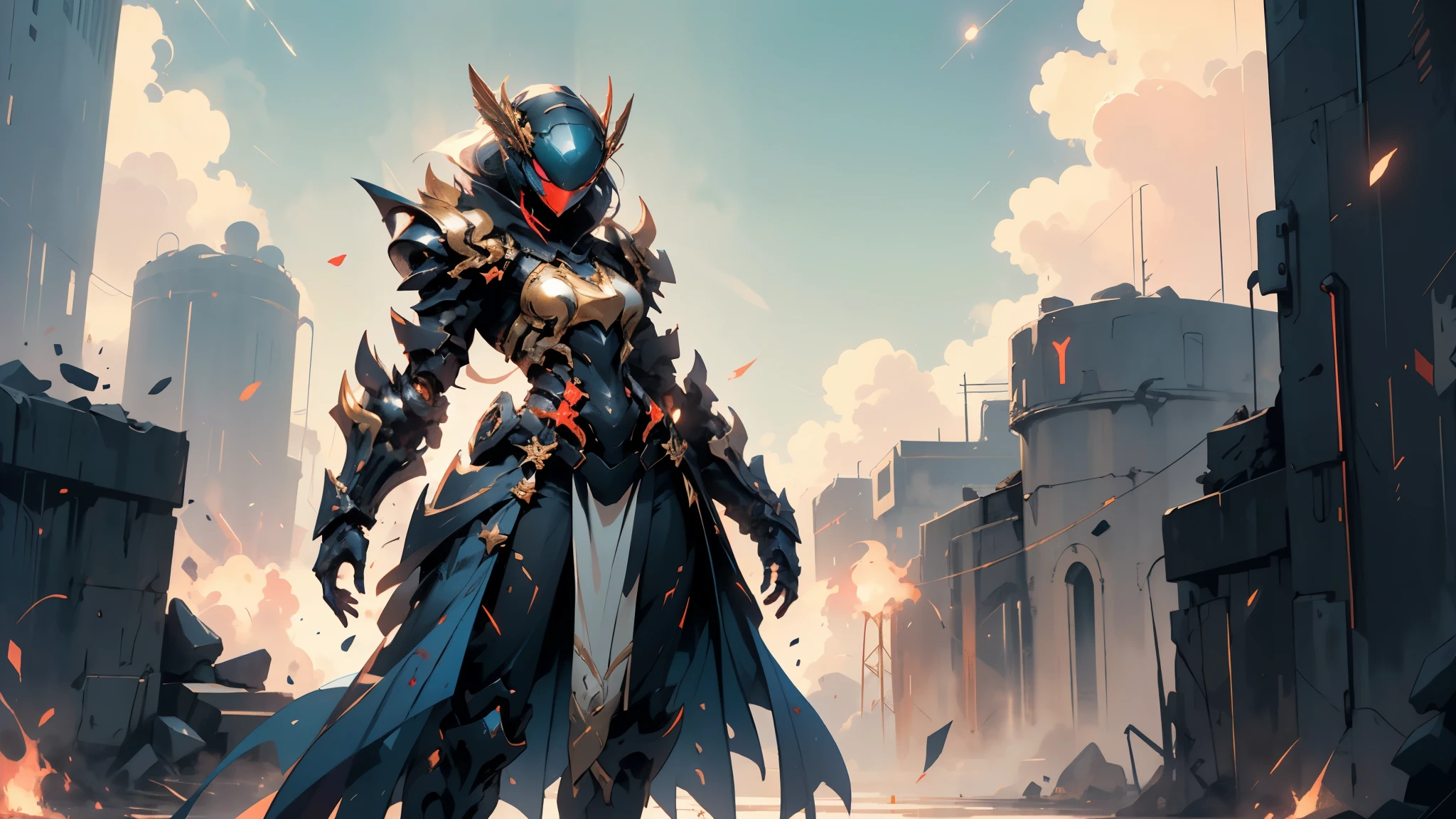 A woman adorned in fantasy-style full-body armor, a crown-concept fully enclosed helmet that unveils only her eyes, a composite layered chest plate, fully encompassing shoulder and hand guards, a lightweight waist armor, form-fitting shin guards, the overall design is heavy-duty yet flexible, ((the armor gleams with a golden glow, complemented by red and blue accents)), exhibiting a noble aura, she floats above a fantasy-surreal high-tech city, this character embodies a finely crafted fantasy-surreal style armored hero in anime style, exquisite and mature manga art style, (mixture of Queen bee and Spider concept Armor, plasma, blood), ((Element, energy, elegant, goddess, femminine:1.5)), metallic, high definition, best quality, highres, ultra-detailed, ultra-fine painting, extremely delicate, professional, anatomically correct, symmetrical face, extremely detailed eyes and face, high quality eyes, creativity, RAW photo, UHD, 32k, Natural light, cinematic lighting, masterpiece-anatomy-perfect, masterpiece:1.5