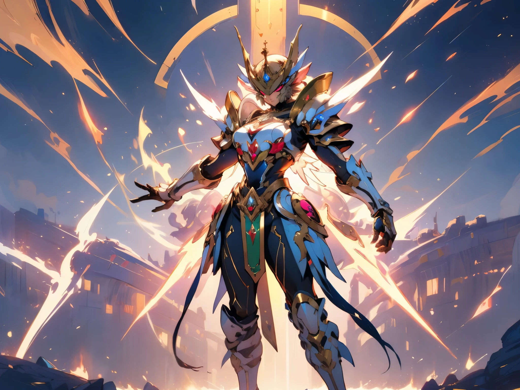 A woman adorned in fantasy-style full-body armor, a crown-concept fully enclosed helmet that unveils only her eyes, a composite layered chest plate, fully encompassing shoulder and hand guards, a lightweight waist armor, form-fitting shin guards, the overall design is heavy-duty yet flexible, ((the armor gleams with a golden glow, complemented by red and blue accents)), exhibiting a noble aura, she floats above a fantasy-surreal high-tech city, this character embodies a finely crafted fantasy-surreal style armored hero in anime style, exquisite and mature manga art style, (mixture of Queen bee and Spider concept Armor, plasma, blood), ((Element, energy, elegant, goddess, femminine:1.5)), metallic, high definition, best quality, highres, ultra-detailed, ultra-fine painting, extremely delicate, professional, anatomically correct, symmetrical face, extremely detailed eyes and face, high quality eyes, creativity, RAW photo, UHD, 32k, Natural light, cinematic lighting, masterpiece-anatomy-perfect, masterpiece:1.5