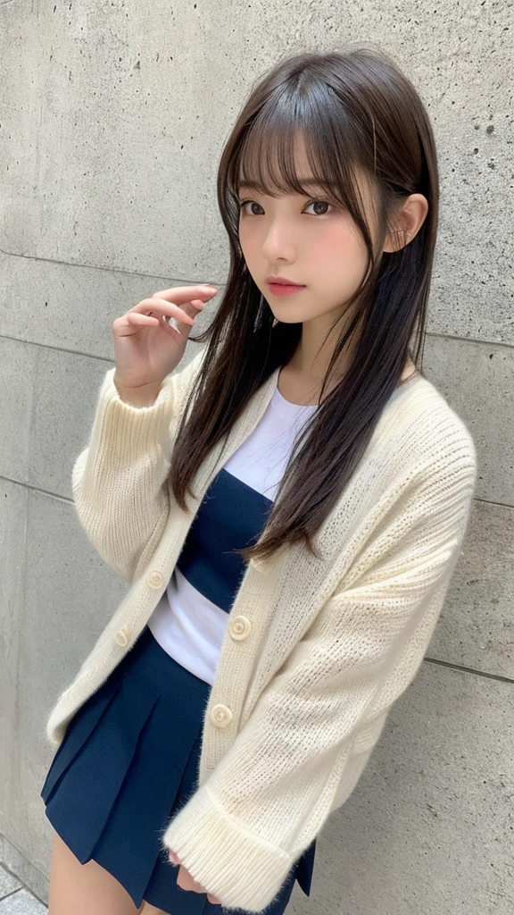 (top-quality、16K resolution)1 girl、solo、natural soft light、、A Japanese Lady、Looking at the camera、white long sleeve knit cardigan、Concrete background、Facing the front、is standing、bobhair、Woman in her late teens、Light bangs、short-hair、Salon model、Natural look、portlate、floated hair、Rolled hair,Skirt flip