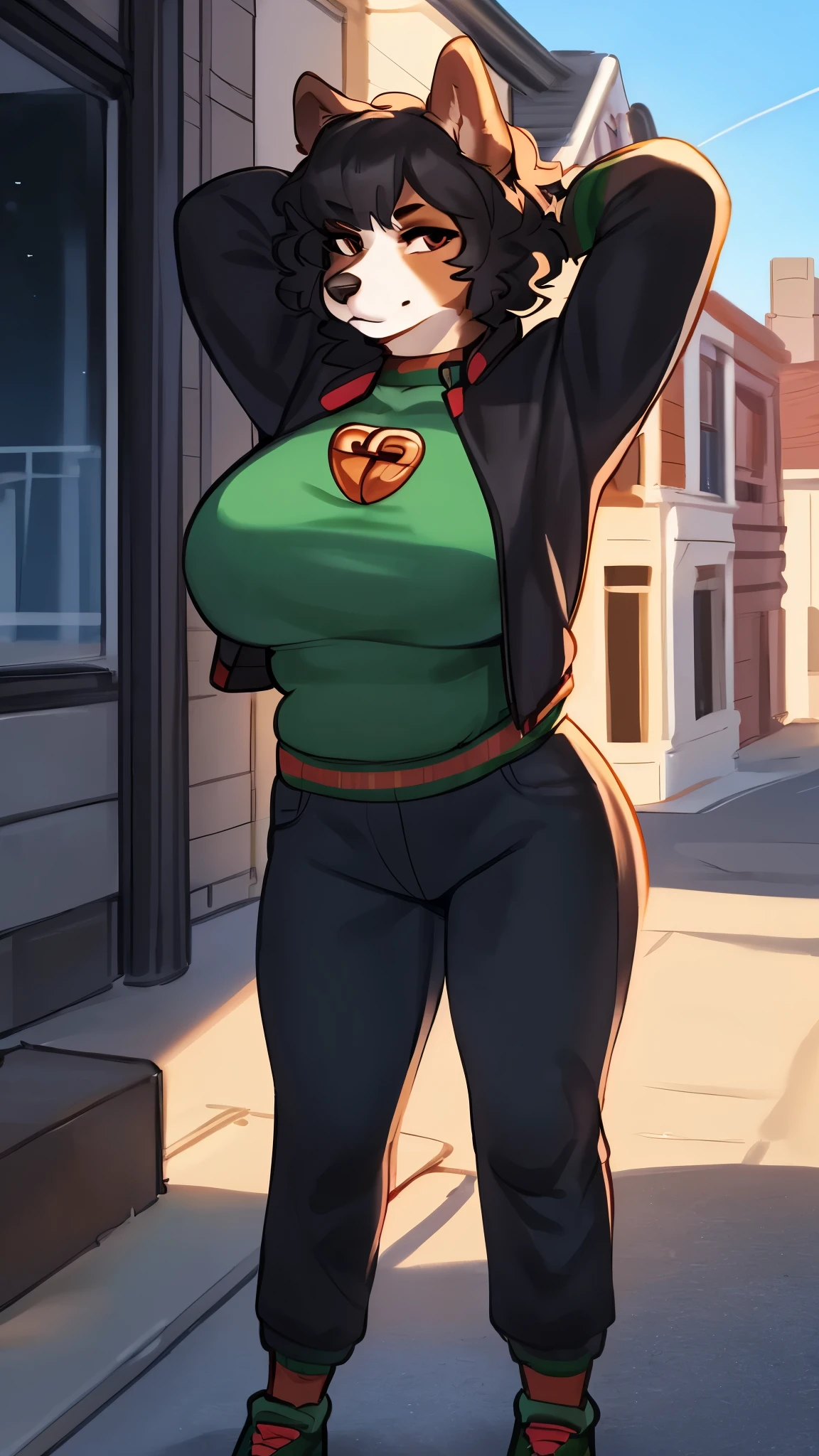 By bebebebebe, by lostgoose, by goonie-san, (by spuydjeks), solo, female, standing, canine, (collie, detailed eyes), ((snout, hair)), brown fur, wavy hair, black hair, chubby, big breasts, hands behind head, looking at viewer, English city, brown townhouses, standing in the city, (high-waisted black jeans), crop shirt, jacket, ((gucci))