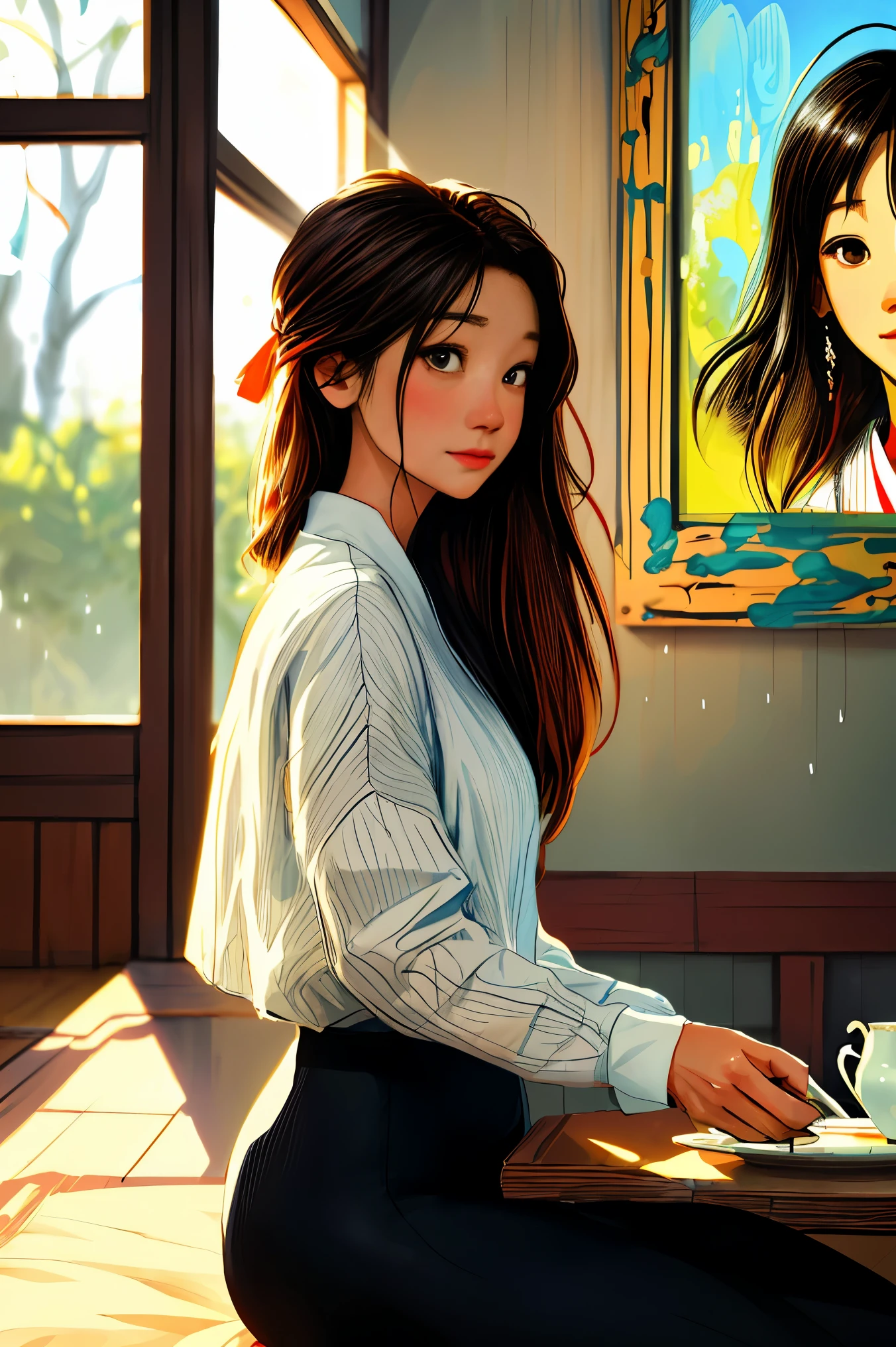 Woman sitting at table with traditional cup of tea and plate of food in hanok living room on rainy day, beautiful aesthetics, Korean traditional tea, afternoon, Anime Female, realistic mature woman,, realistic art style, Realistic anime art style, Realistic anime art style, Ilya Kuvshinov with long hair, in anime style, woman in front of a mysterious window(masterpiece:1.4), (best quality:1.4),Woman wearing tight sportswear,vivid colors, soft focus, light leak, dreamy atmosphere, experimental charm, Retro charm break color field painting, various colors, abstract expressionism, Bold colors, emotional impact, atmospheric depth, MINIMALIST APPROACH BREAK, Beautiful woman, UHD (ultra detail) viewers who see it.., different, fancy, Long hair dyed brown tied back 🌈, leggings clothing, White stardust in dark areas, absurd, high resolution, very detailed, (1 woman : ), vivid colors, soft focus, light leak,