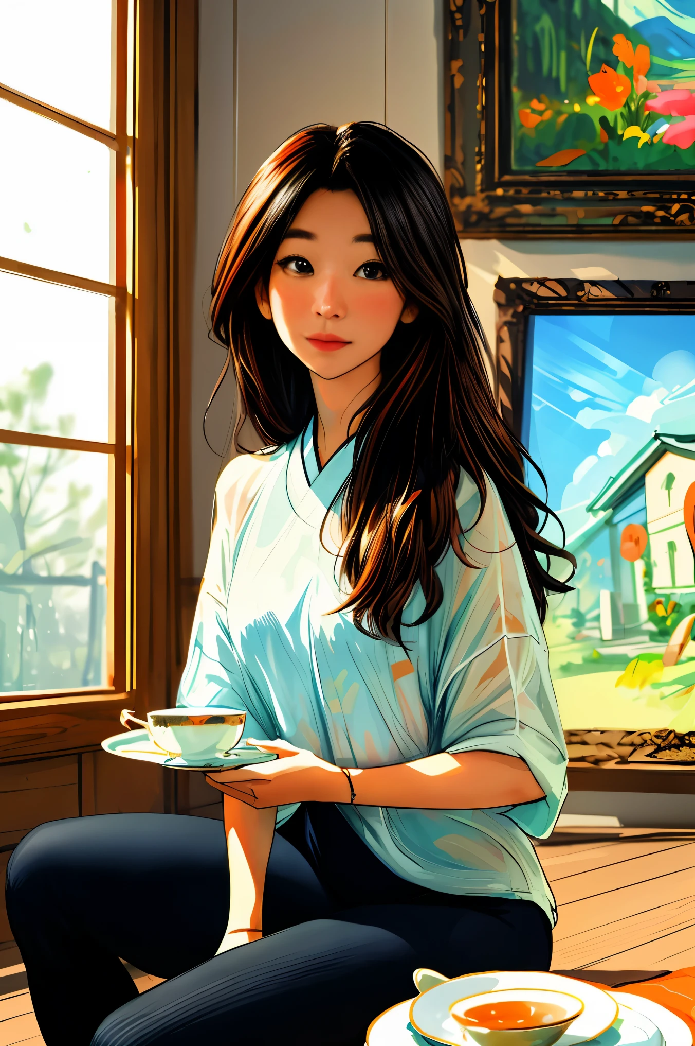 Woman sitting at table with traditional cup of tea and plate of food in hanok living room on rainy day, beautiful aesthetics, Korean traditional tea, afternoon, Anime Female, realistic mature woman,, realistic art style, Realistic anime art style, Realistic anime art style, Ilya Kuvshinov with long hair, in anime style, woman in front of a mysterious window(masterpiece:1.4), (best quality:1.4),Woman wearing tight sportswear,vivid colors, soft focus, light leak, dreamy atmosphere, experimental charm, Retro charm break color field painting, various colors, abstract expressionism, Bold colors, emotional impact, atmospheric depth, MINIMALIST APPROACH BREAK, Beautiful woman, UHD (ultra detail) viewers who see it.., different, fancy, Long hair dyed brown tied back 🌈, leggings clothing, White stardust in dark areas, absurd, high resolution, very detailed, (1 woman : ), vivid colors, soft focus, light leak,