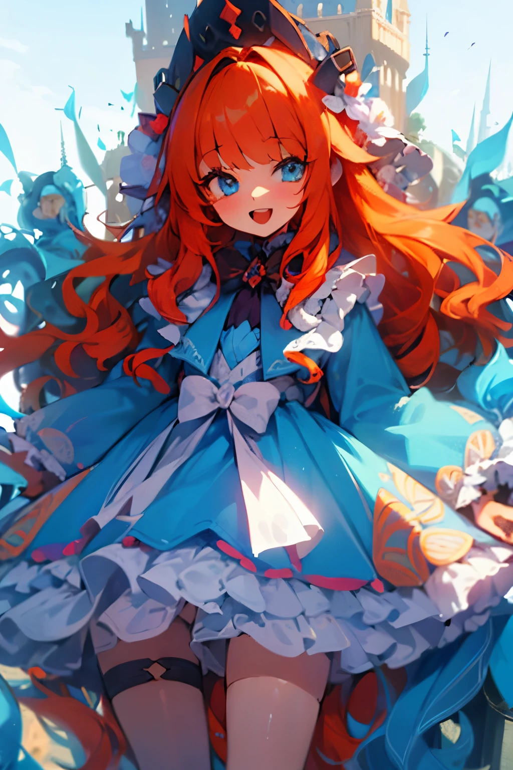 masterpiece, highest quality, alone, 1 girl, orange hair, blue hair, :D, orange dress, looking at the viewer, outdoors, sand, sand dunes, huge castle, crown, Are standing, whole body, cowboy shot, put your hand on your waist,