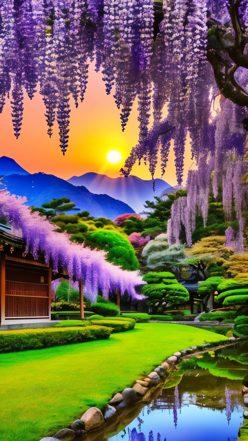 mdjrny-pprct, japanese architecture, Sakura, wisteria, Flower Garden, mountains and rivers, Clouds (high detial: 1.2)、the setting sun、Evening glow、morning glow