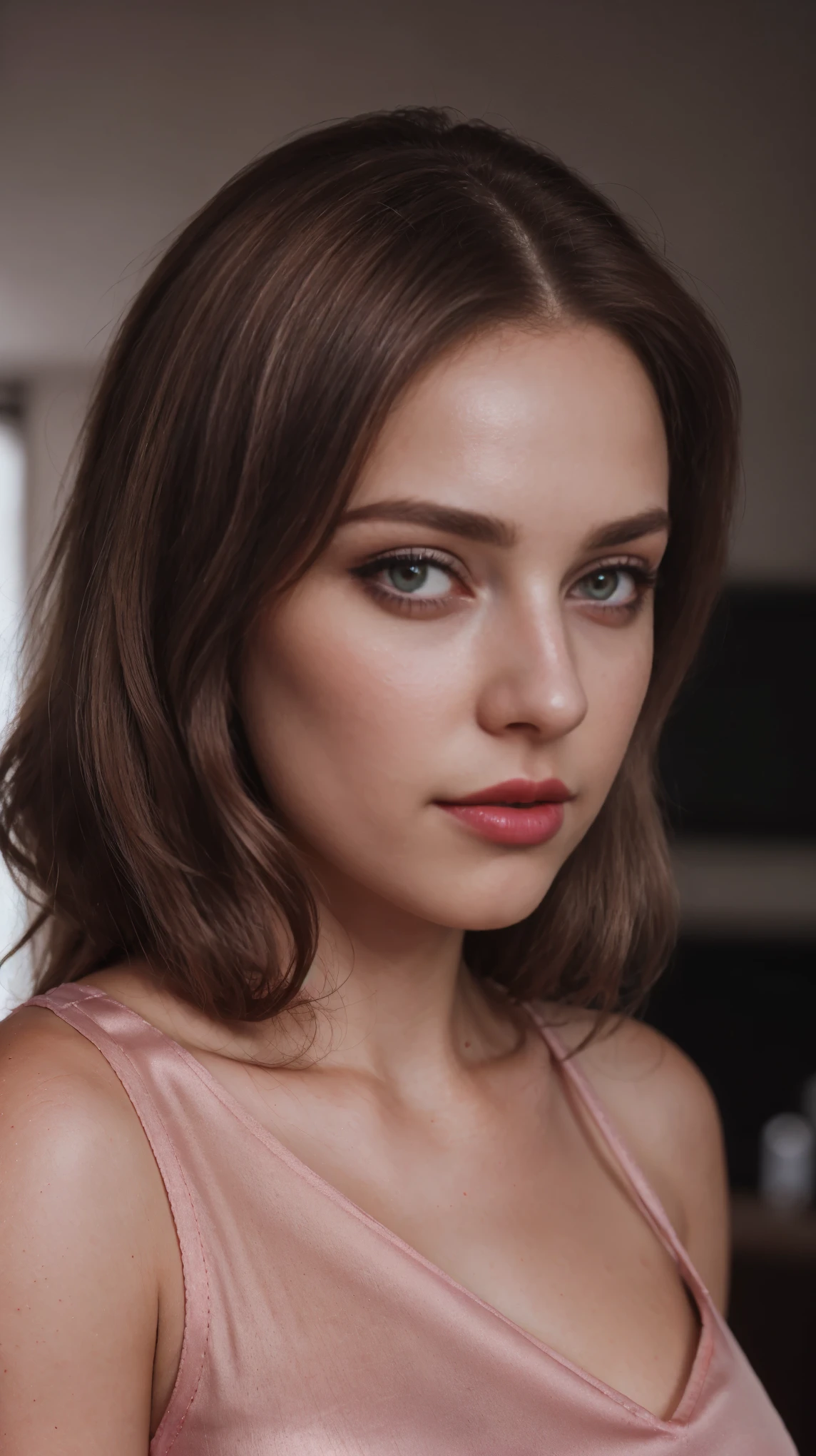Blond brown hair, (RAW photo), (realism: 1.8), (gloss red lipstick, many eyelashes, dark eye shadow, shy, blushing, high quality, high resolution, depth of collage compound field, chromatic aberration, caustic, wide light, dark pink glossy skin, (21 year old woman), smartwatch, smartphone, stylish college girl, silk pink night drees, skin tight cloths, lots of exposure, posing for photo, visible 8k resolutions,