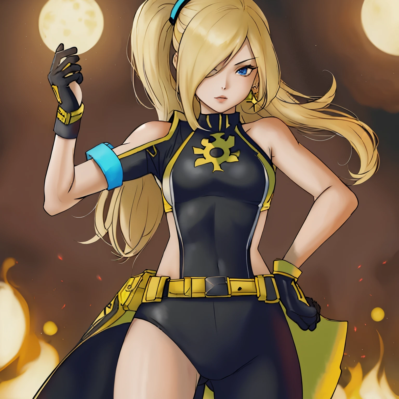 1girl (magik), close up, masterpiece, green eyes, long blonde hair with bangs, breasts, strong toned body, yellow and black sports clothes showing shoulders, highres, (skirt), looking at the viewer, solo, medium breasts, dark background, (thighs), running on an athletics field, sweat, detailed athletics track, sunny day, comic book style