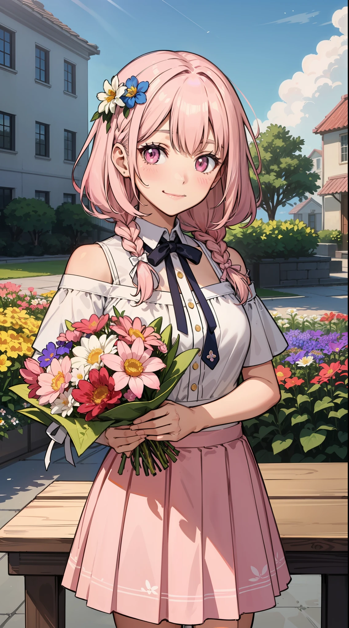 1 girl:1.2, cute, （smile:1.4,blush:0.6）,break（medium breasts:1.3), (outdoors), looking at the viewer, （gradient hair,pink hair,Dutch braid）, （pink eyes),break（(flower garden, colorfulな花,No building)）,（dazzling sunlight,blue sky,White cloud）, break（(white off shoulder shirt),（just the collar of a white shirt）,（Thin ribbon tie)）, break（(flower pattern skirt）,（light pink micro skirt:1.5)）,break（standing pose）,cowboy shot, americanism, fluid, particles of light, Light of the sun, Fine skin texture,  scattered below the surface,break (8k wallpaper,table top, highest qualityの, highest quality, beautiful and aesthetic:1.2), very detailed, (colorful), best details,break（holding a large bouquet of flowers）:1.5 