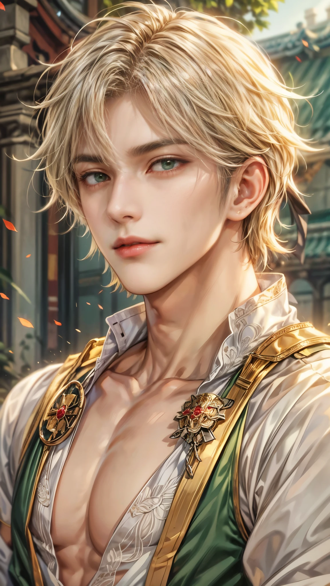 (absurdres, highres, ultra detailed, HDR), masterpiece, intricate details, best quality close-up picture of a character from fire emblem, a character with handsome looks, korean face, original blonde hair, short hair, anime green eyes, smirking face, matured teen, french ambiance theme, topless outfit showing chest, crop top, detailed monstadt town setting background, big moon scenery, detailed character, art kenouji