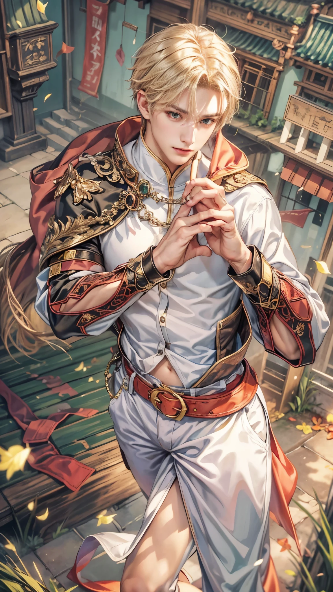 (absurdres, highres, ultra detailed, HDR), masterpiece, intricate details, best quality close-up picture of a character from fire emblem, a character with handsome looks, korean face, original blonde hair, short hair, anime green eyes, smirking face, matured , french ambiance theme, topless outfit showing chest, crop top, detailed monstadt town setting background, big moon scenery, detailed character, art kenouji