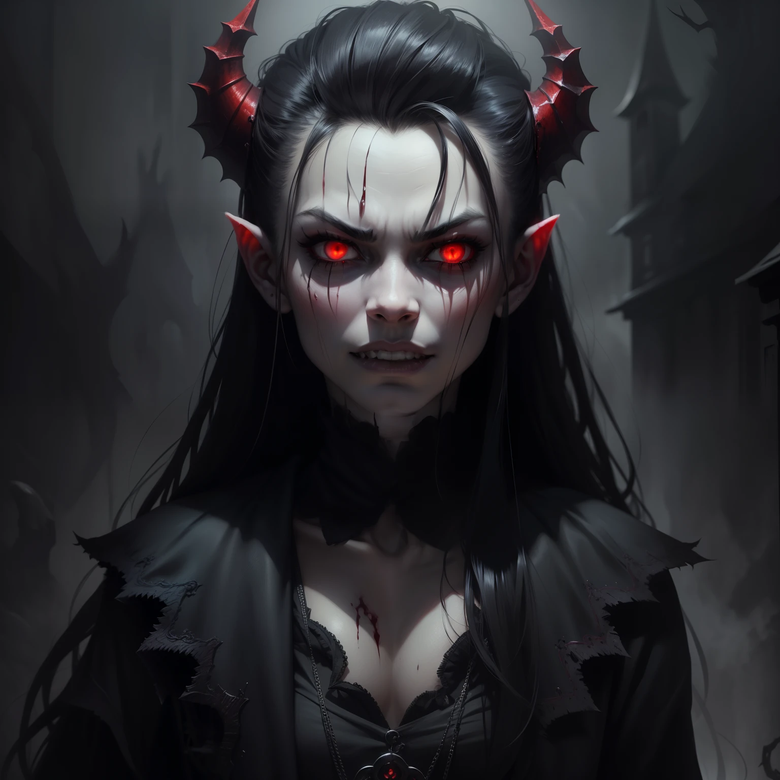 fang teeth,flat top of head,ghostly vibe,killer,fantasy,nasty looking,gruesome,evil,detailed facial features,dark atmosphere,dark shadows,sharp fangs,sinister smile,ominous eyes,menacing aura,ethereal presence,intense stare,creepy appearance,twisted horns,macabre setting,blood red color palette,eerie glow,haunting presence,foreboding atmosphere,spooky ambiance,shadowy figures,ominous mist,gloomy backdrop,ghastly visage,demonic essence,dreadful expression,horrifying countenance,terrifying presence