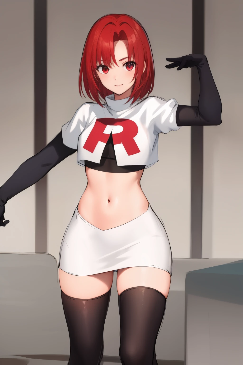 masterpiece, high-detail, sketch, reginaDC, regina, dino crisis, 1girl, female, athletic woman, young, team rocket,team rocket uniform, red letter R, white skirt,white crop top,black thigh-highs,black elbow gloves