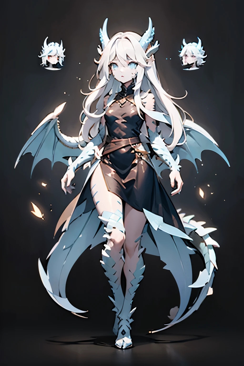 (Highres,4k,highly detailed,best quality),1woman, very long wavy white hair, glowing blue dragon eyes, pale blue dragon scales on her body, glowing tribal markings on her face, slender and tall, determined face, very long ornate black gothic black and white dress, dragon legs and hands, 2 large angel wings, 6 horns with 3 on each side, small-medium chest, white feathers on tail and along her body,((reference sheet)),1 tail