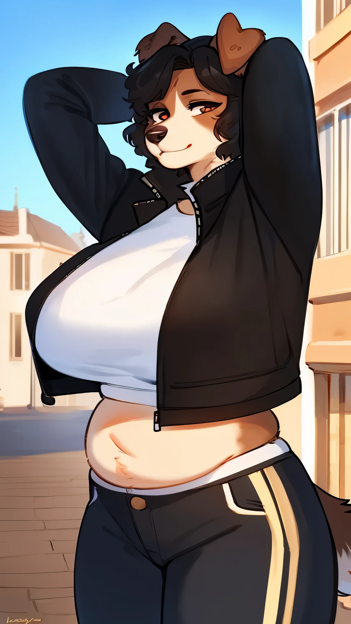 By bebebebebe, by lostgoose, by goonie-san, (by spuydjeks), solo, female, standing, canine, (collie, detailed eyes), ((snout, hair)), brown fur, wavy hair, black hair, chubby, big breasts, hands behind head, looking at viewer, English city, brown townhouses, standing in the city, (high-waisted black jeans), crop shirt, jacket, belly