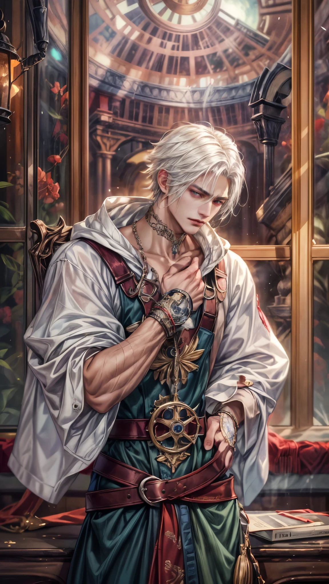 (absurdres, highres, ultra detailed, HDR), masterpiece, intricate, best quality, portrait of a handsome villain from Final Fantasy IX, white hair, short hair, korean face, anime eyes, mage outfit , wearing detailed circlet, detailed interiors of a clockwork shop, night time showing big moon in the windows , detailed character