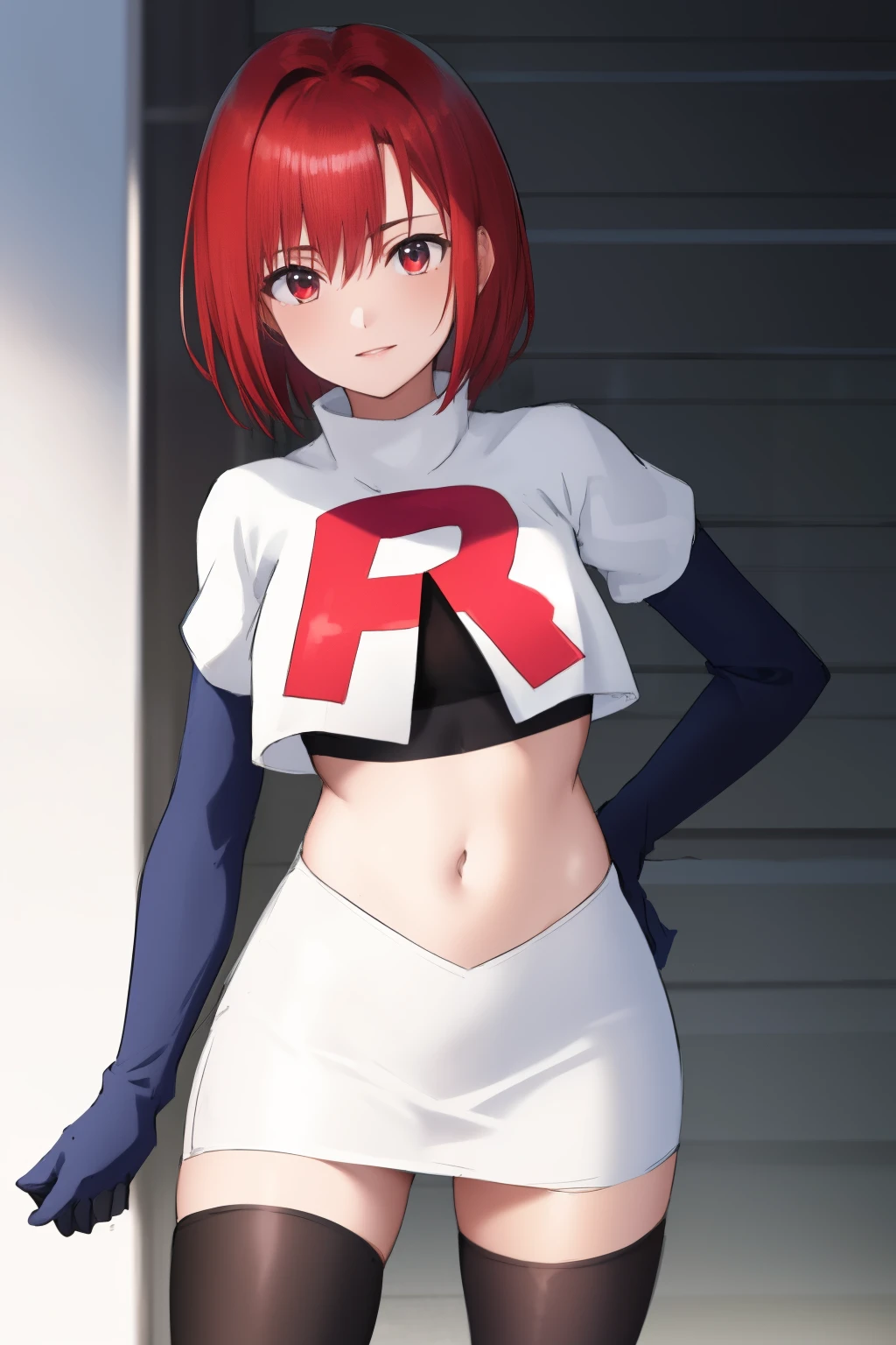 masterpiece, high-detail, sketch, reginaDC, regina, dino crisis, 1girl, female, athletic woman, young, team rocket,team rocket uniform, red letter R, white skirt,white crop top,black thigh-highs,black elbow gloves