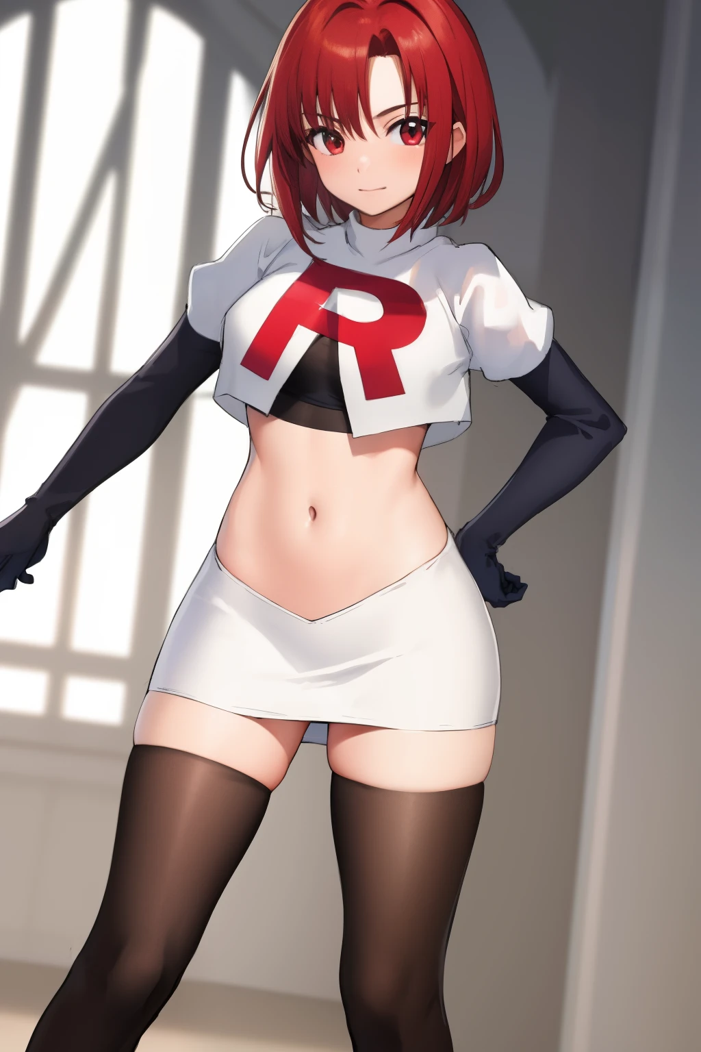 masterpiece, high-detail, sketch, reginaDC, regina, dino crisis, 1girl, female, athletic woman, young, team rocket,team rocket uniform, red letter R, white skirt,white crop top,black thigh-highs,black elbow gloves