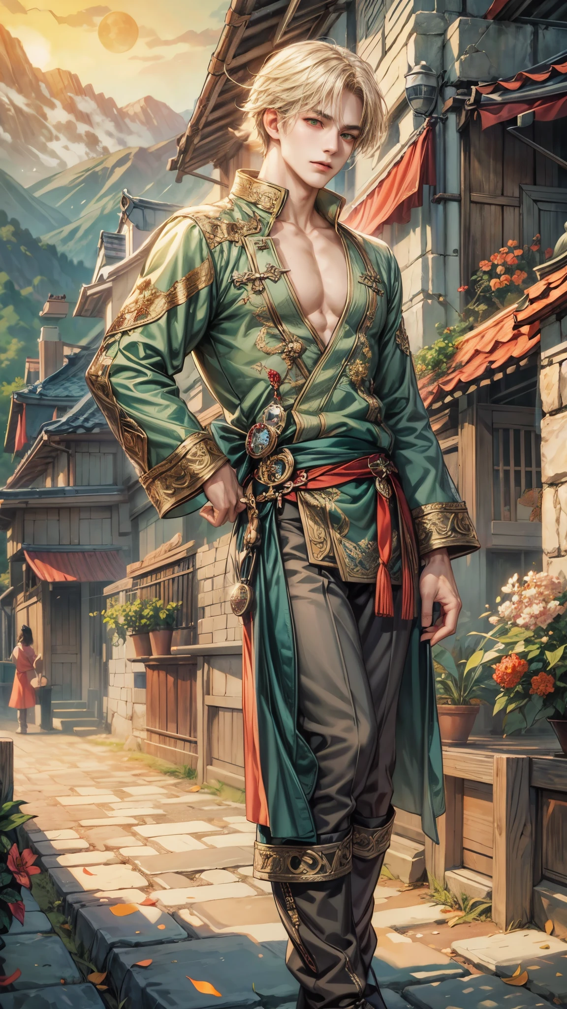 (absurdres, highres, ultra detailed, HDR), masterpiece, intricate details, best quality close-up picture of a character from fire emblem, a character with handsome looks, korean face, original blonde hair, short hair, anime green eyes, smirking face, matured teen, imperial ambiance theme, topless outfit showing chest, crop top, detailed monstadt town setting background, big moon scenery, detailed character, art kenouji