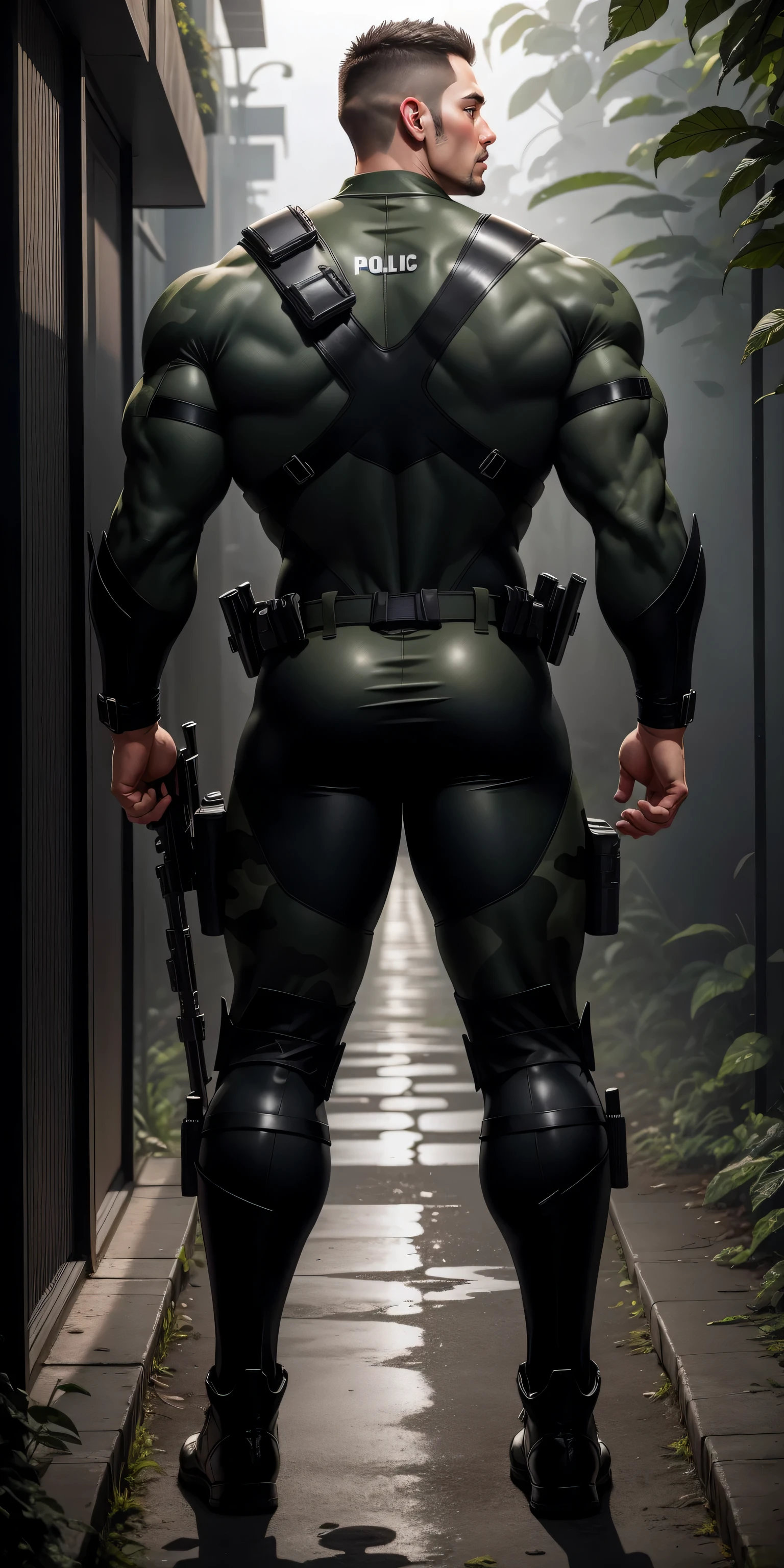 特别High背影, huge, and muscular police officer.,Dark green khaki camouflage wetsuit,he faces the wall,Hold the wall with both hands,round butt,Highlights,character idea(Resident Evil - chris redfield,chris redfield)senior police officer,身穿Dark green khaki camouflage wetsuit,matte texture,regular symmetrical texture pattern,Standing in the dark sugar cane jungle, The body is wrapped in thick rattan,Valiant male pose,高大burly,muscular!Charming leg muscles,High, burly, Heqiang, 身穿Dark green khaki camouflage wetsuit, Super gain and cool, high resolution committee, Big feet in black boots,Charming strong man,The bright sunshine is shining on you,matte particles,shiny texture