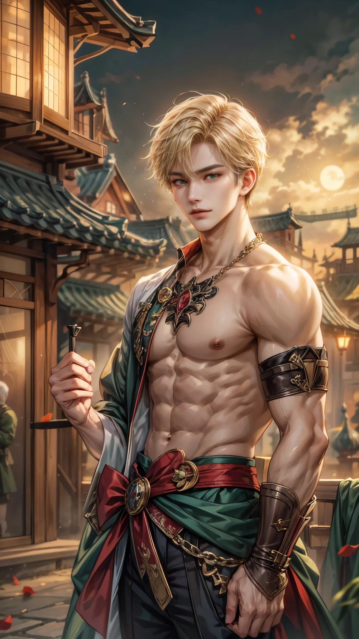 (absurdres, highres, ultra detailed, HDR), masterpiece, intricate details, best quality close-up picture of a character from fire emblem, a character with handsome looks, korean face, original blonde hair, short hair, anime green eyes, smirking face, matured teen, imperial ambiance theme, topless outfit showing chest, crop top, detailed monstadt town setting background, big moon scenery, detailed character, art kenouji