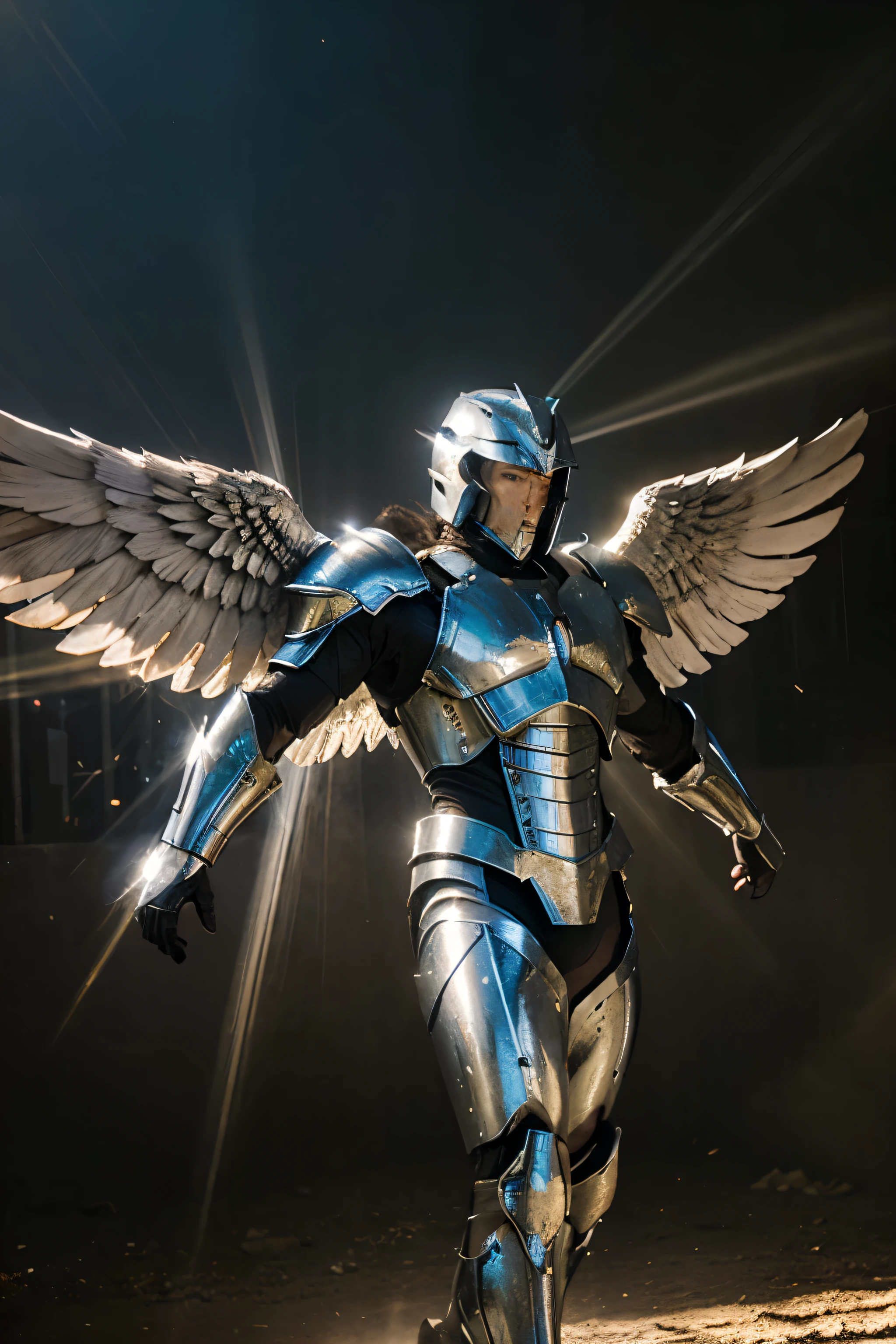 Powerful Armored angel warrior with big wings shooting light rays out of his hands