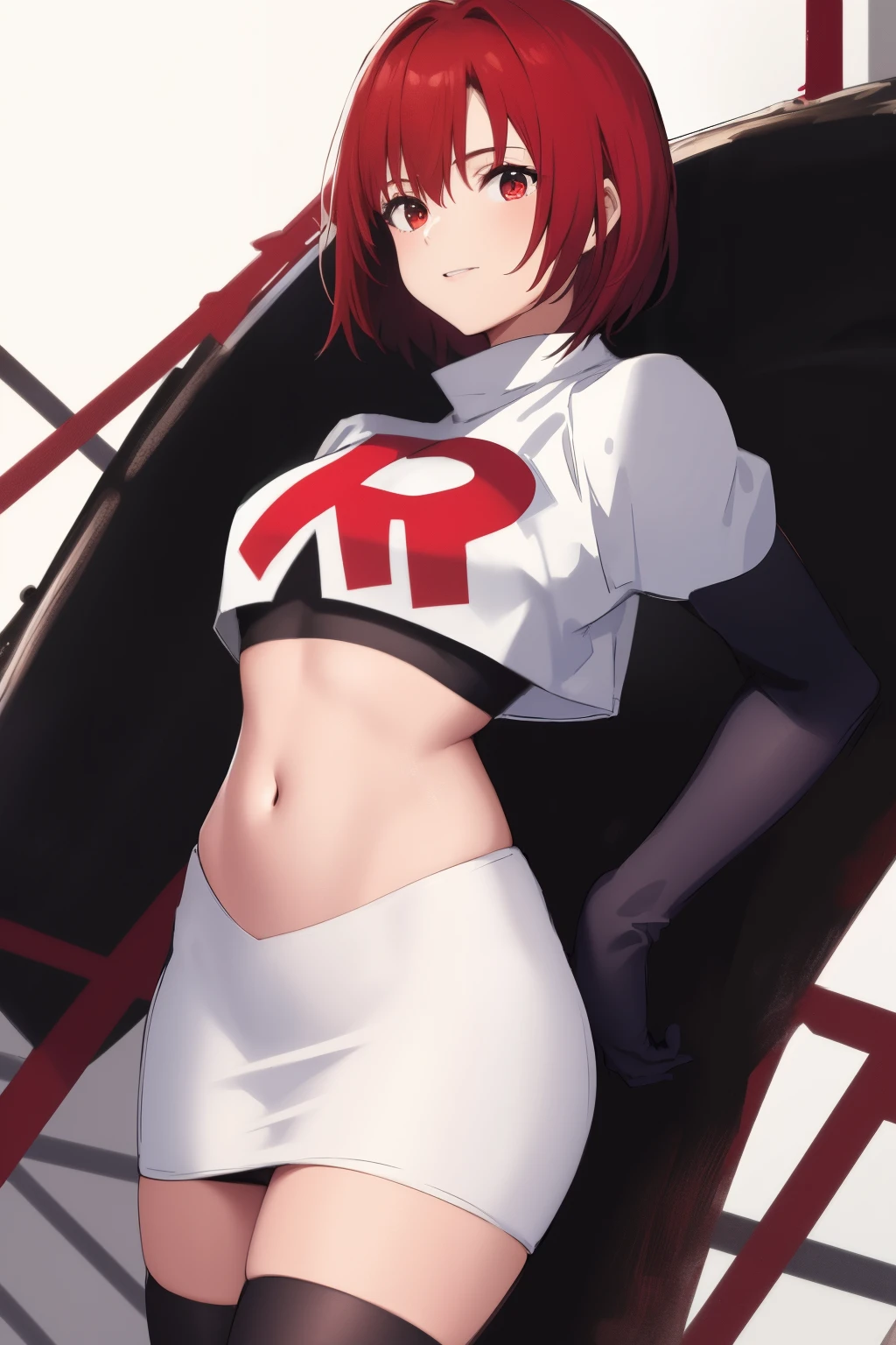 masterpiece, high-detail, sketch, reginaDC, regina, dino crisis, 1girl, female, athletic woman, young, team rocket,team rocket uniform, red letter R, white skirt,white crop top,black thigh-highs,black elbow gloves