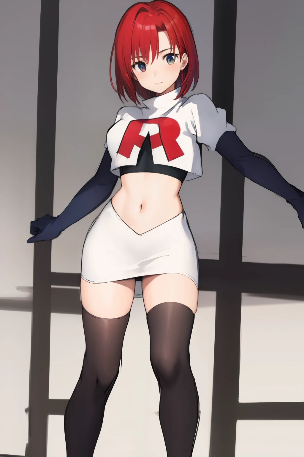 masterpiece, high-detail, sketch, reginaDC, regina, dino crisis, 1girl, female, athletic woman, young, team rocket,team rocket uniform, red letter R, white skirt,white crop top,black thigh-highs,black elbow gloves