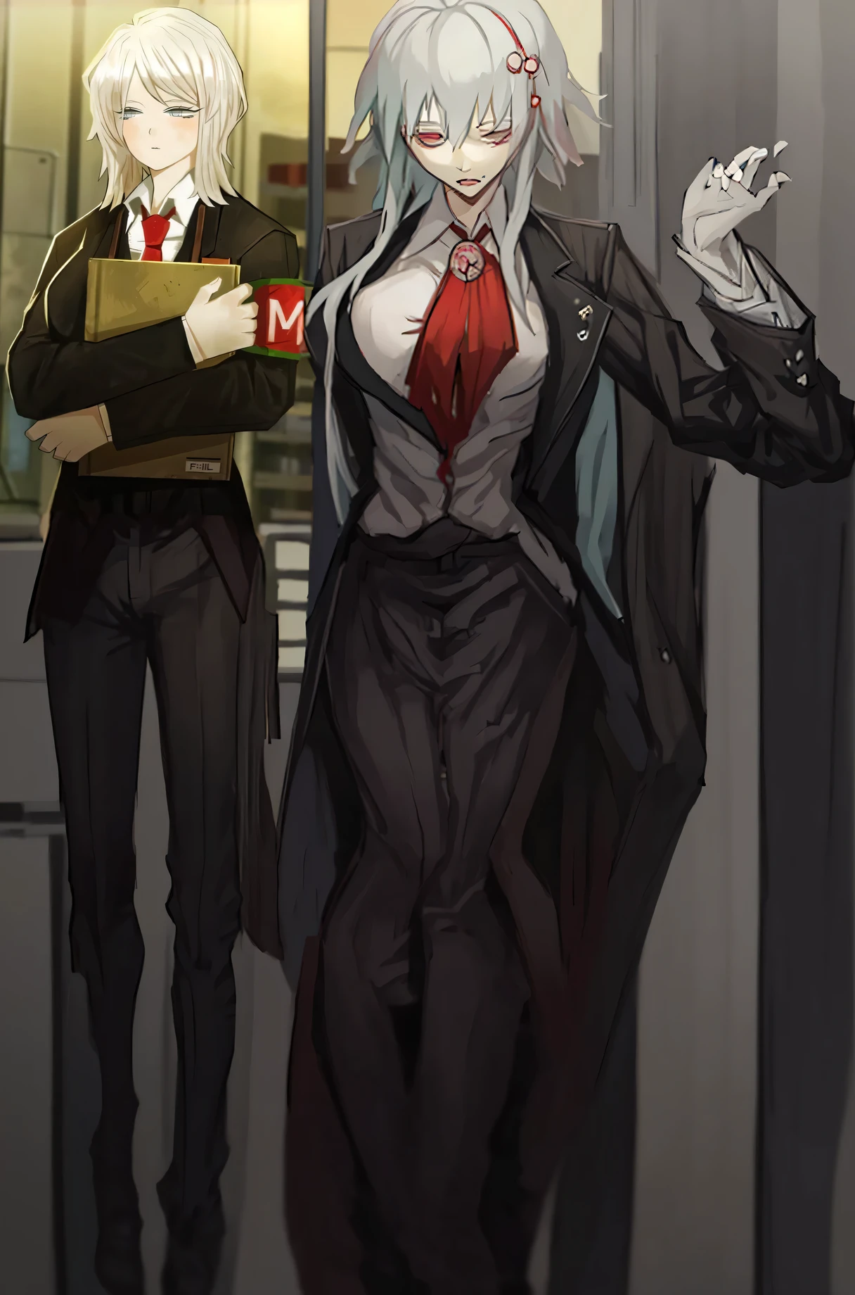 Anime girl with white hair holding a book and red tie, nagito komaeda, nagito komaeda from danganronpa, Danganronpa&#39;digital art, Akihiko Yoshida!, From girls&#39; frontmost line, pixiv, at pixiv, chiaki nanami from danganronpa, Kantai Collection Style, yoshida akihiko(Akihiko Yoshida)song inspired by