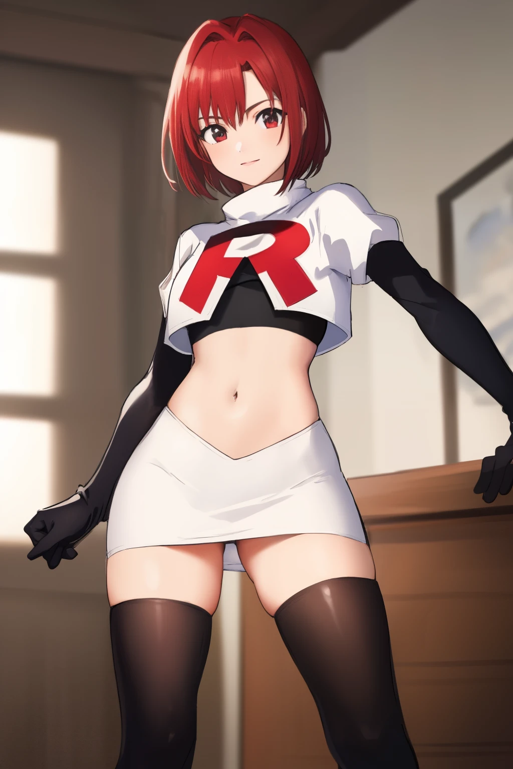 masterpiece, high-detail, sketch, reginaDC, regina, dino crisis, 1girl, female, athletic woman, young, team rocket,team rocket uniform, red letter R, white skirt,white crop top,black thigh-highs,black elbow gloves