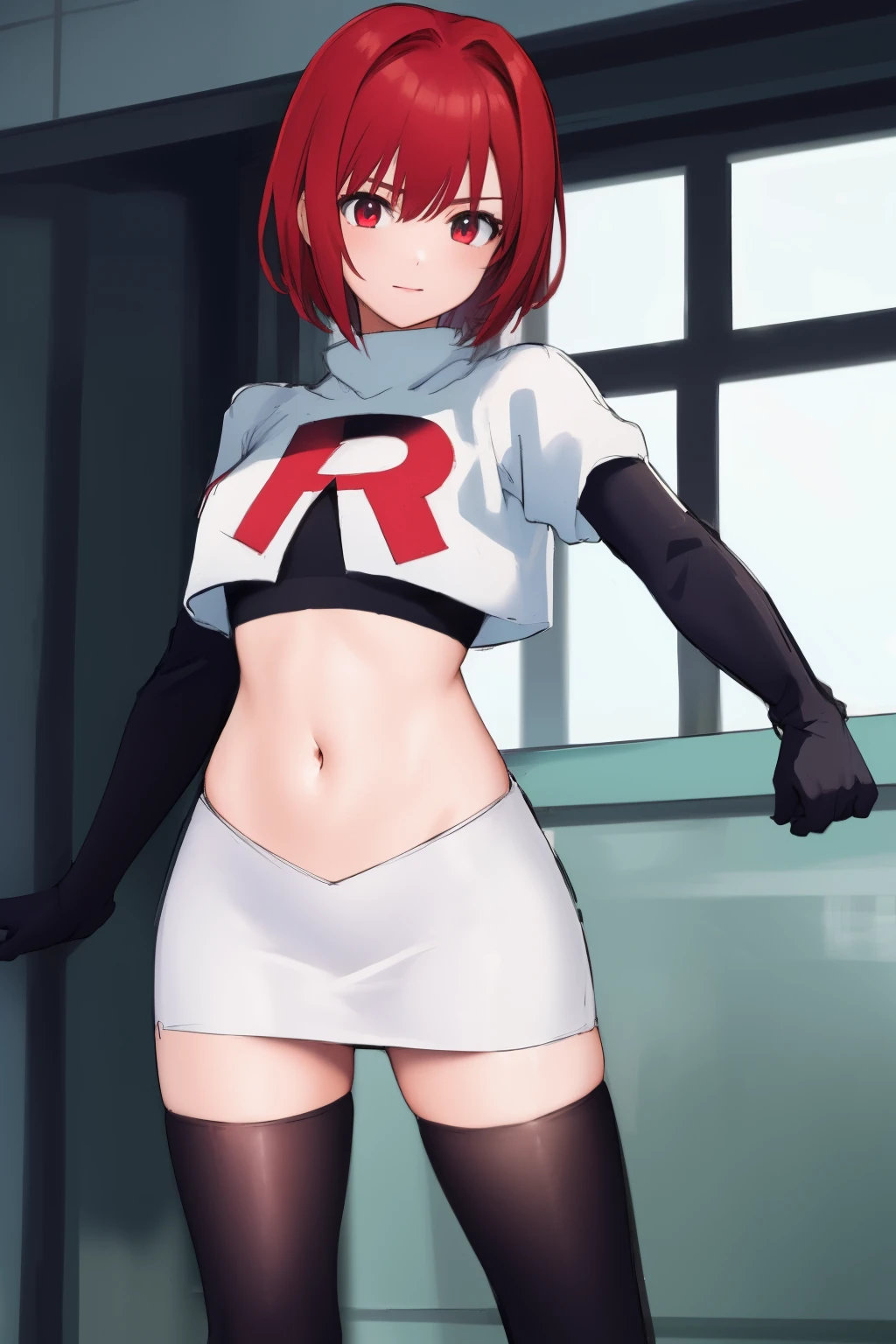 masterpiece, high-detail, sketch, reginaDC, regina, dino crisis, 1girl, female, athletic woman, young, team rocket,team rocket uniform, red letter R, white skirt,white crop top,black thigh-highs,black elbow gloves