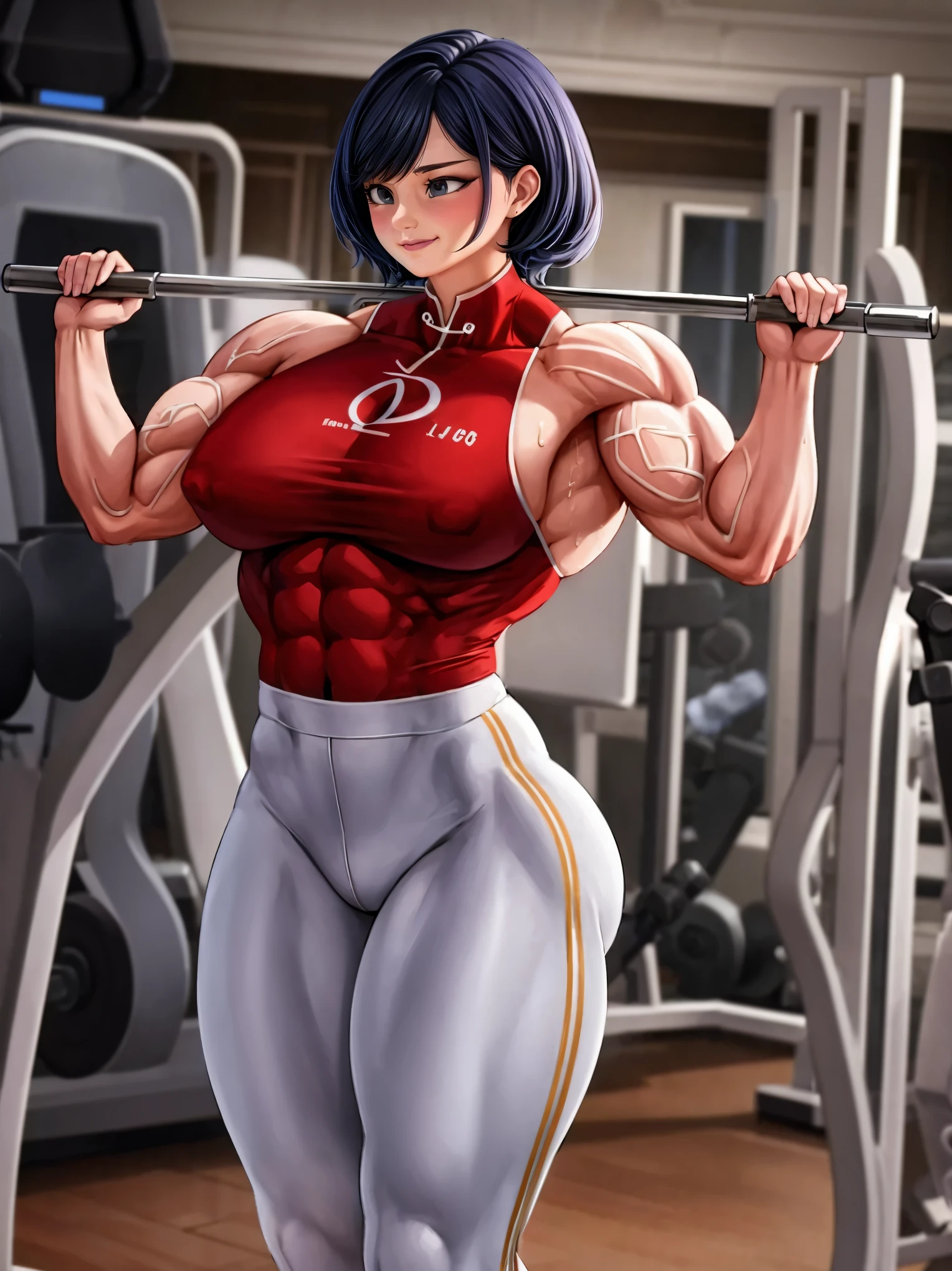 (masterpiece, best quality:1.2), 1girl, solo,dark blue hair,gray eyes, she wear's a white Cheongsam with a red, black and gold plant design, periwinkle pants and black and white dress shoes. She wears a silver band on her ring finger.muscular female bodybuilder, oil painting, strong and defined muscles, intense expression, confident pose, gym backdrop, sweat glistening on her skin, veins bulging, toned physique, powerful presence, professional lighting, vibrant colors, realism, extreme detail description, sharp focus, (best quality, 4k, highres, masterpiece:1.2), physically-based rendering, bodybuilding competition, intense workout, determination, dedication, muscular symmetry, fitness journey, weightlifting, athletics, ultra-fine painting, vibrant energy, bokeh, dynamic composition.