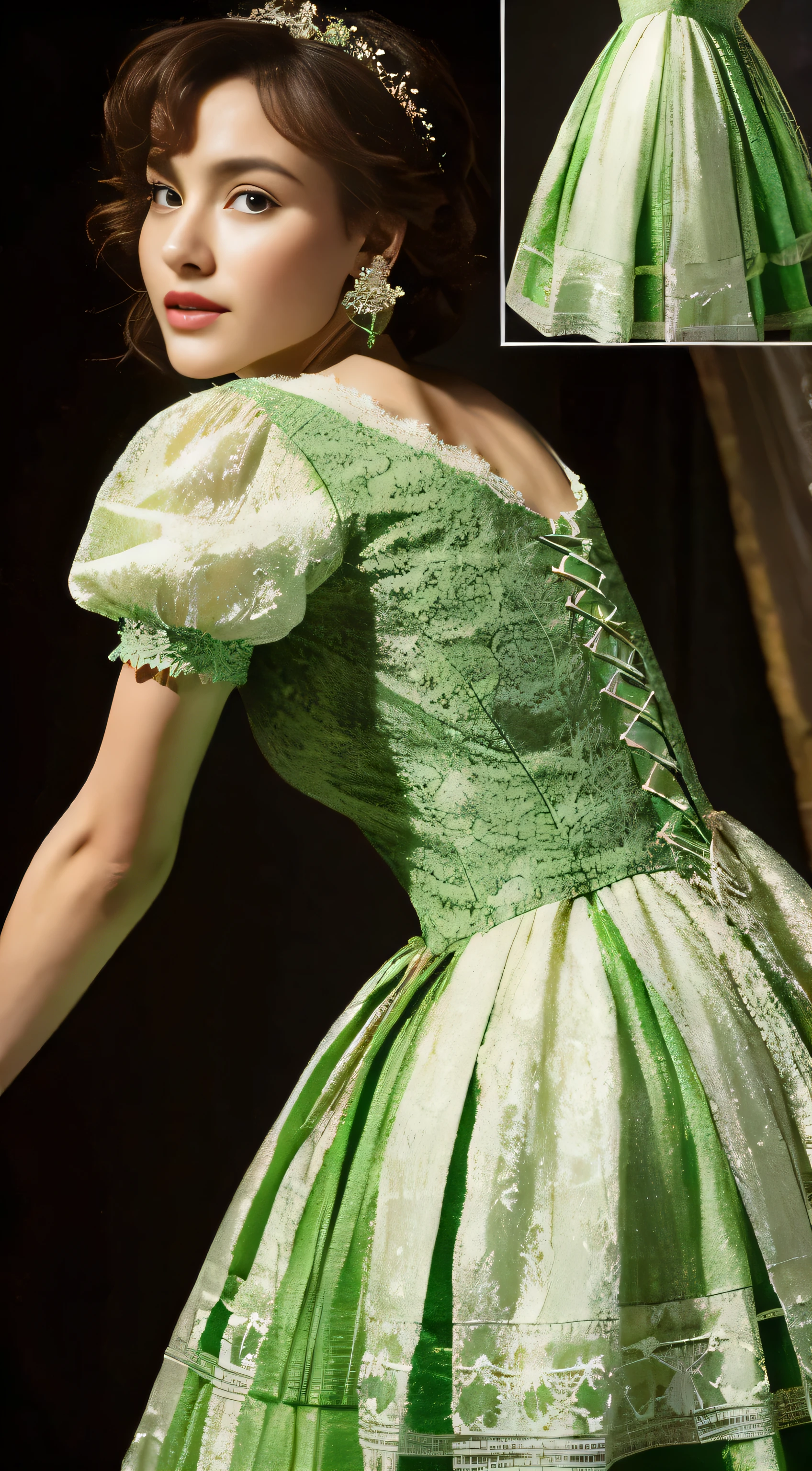 ((High-quality work)), the lines are clear and concise, the green dress and the beautiful pleated lace complement each other, which enriches the layering of the whole picture, the graceful Edwardian lace dress and the princess skirt add a lot to the character, the gesture with the back of the hand behind , It also shows the gentle and elegant side of women.