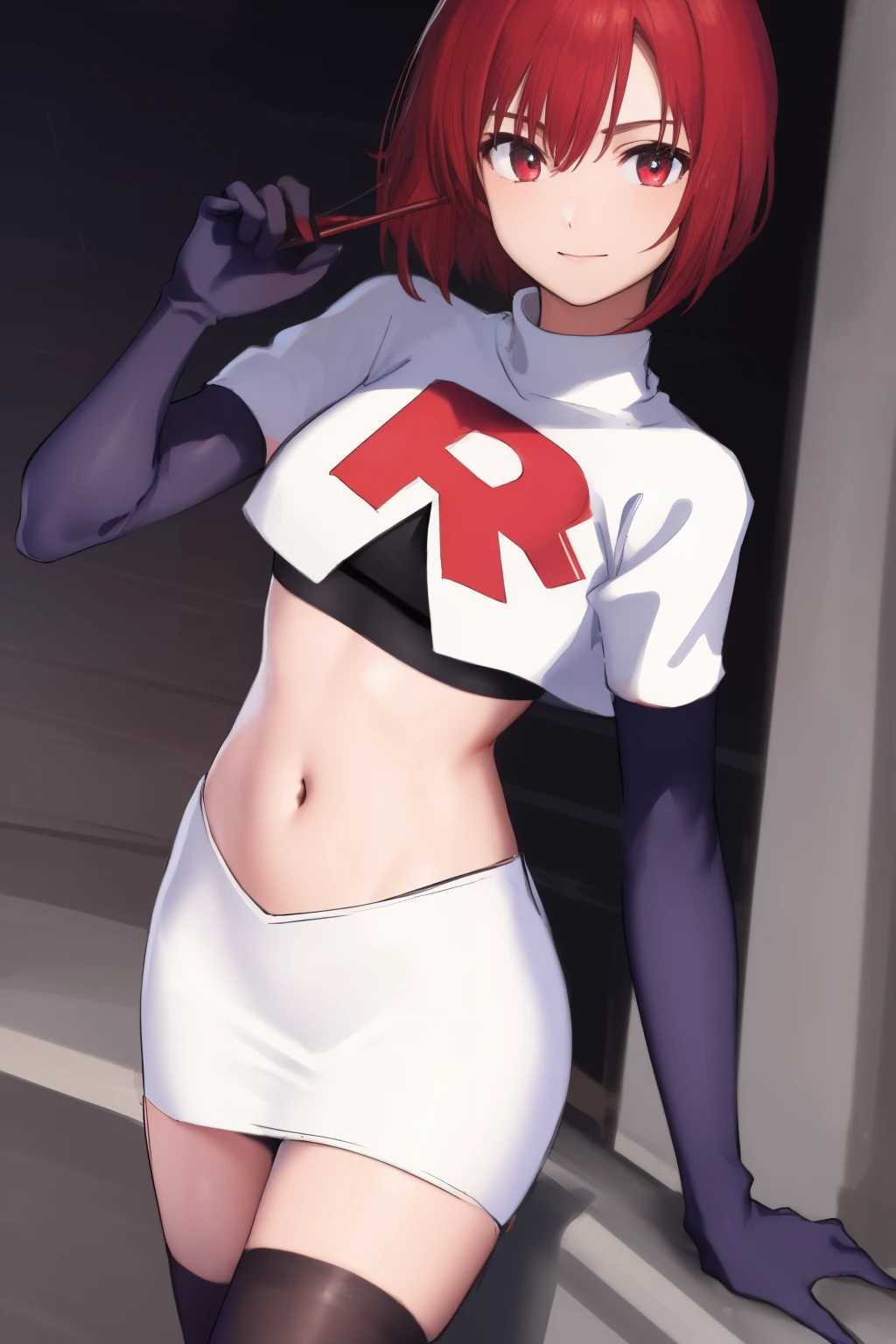 masterpiece, high-detail, sketch, reginaDC, regina, dino crisis, 1girl, female, athletic woman, young, team rocket,team rocket uniform, red letter R, white skirt,white crop top,black thigh-highs,black elbow gloves