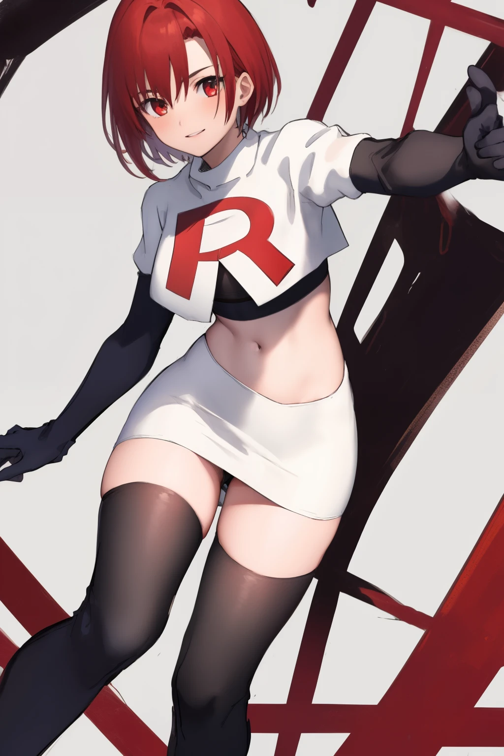 masterpiece, high-detail, sketch, reginaDC, regina, dino crisis, 1girl, female, athletic woman, young, team rocket,team rocket uniform, red letter R, white skirt,white crop top,black thigh-highs,black elbow gloves