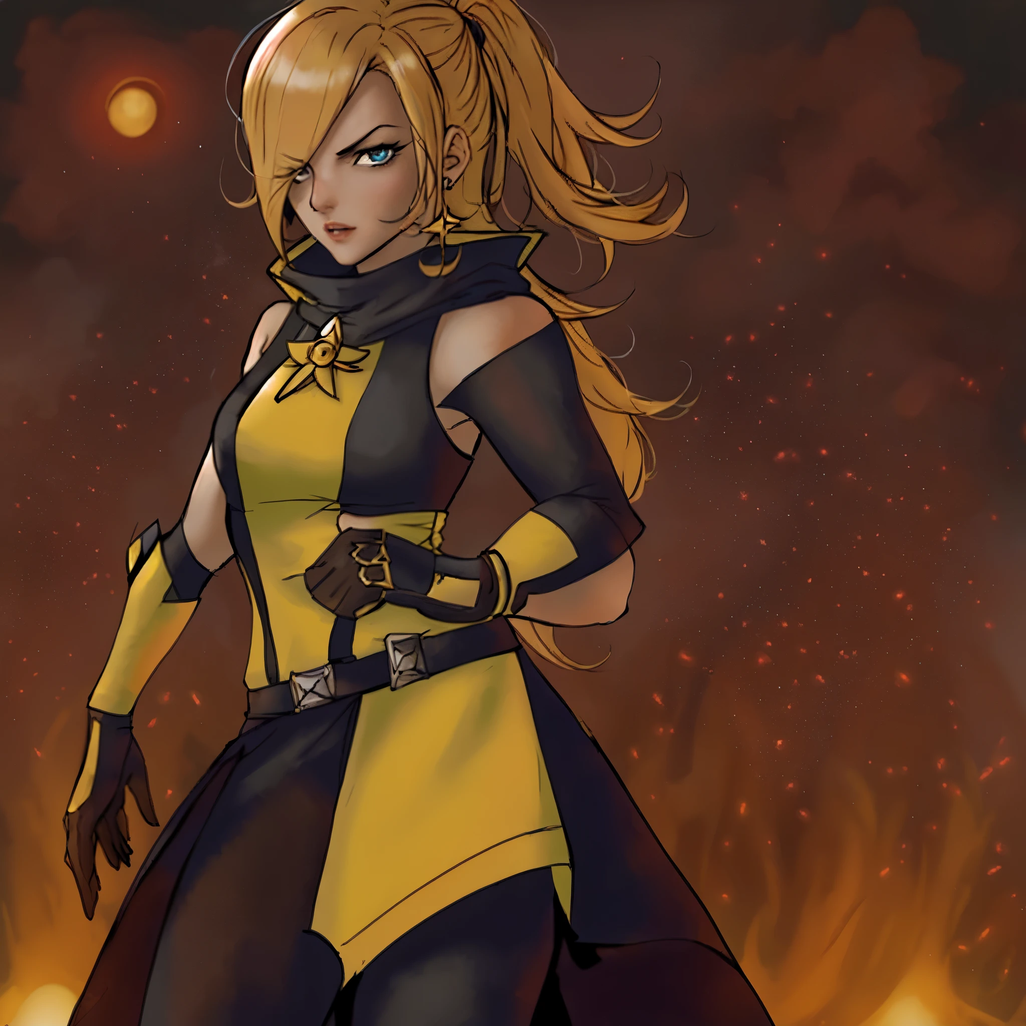 version female of Scorpion from MKII, blonde woman, Scorpion outfit, Rosalina look a like, yellow classic outfit,