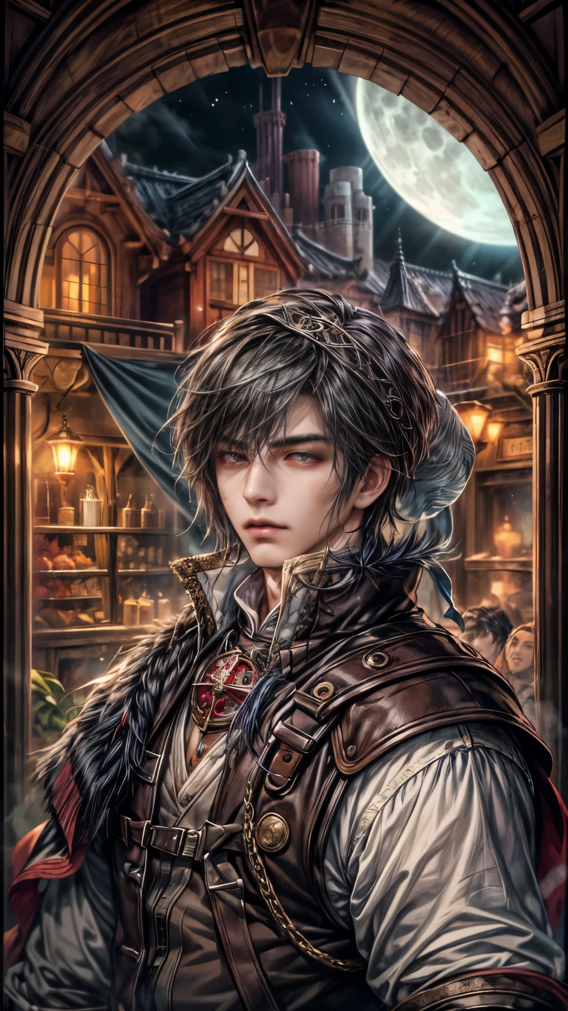 (absurdres, highres, ultra detailed, HDR), masterpiece, intricate, best quality, portrait of a handsome villain from Final Fantasy IX, original hair, short hair, korean face, anime eyes, mage outfit , wearing detailed circlet, detailed interiors of a clockwork shop, night time showing big moon in the windows , detailed character