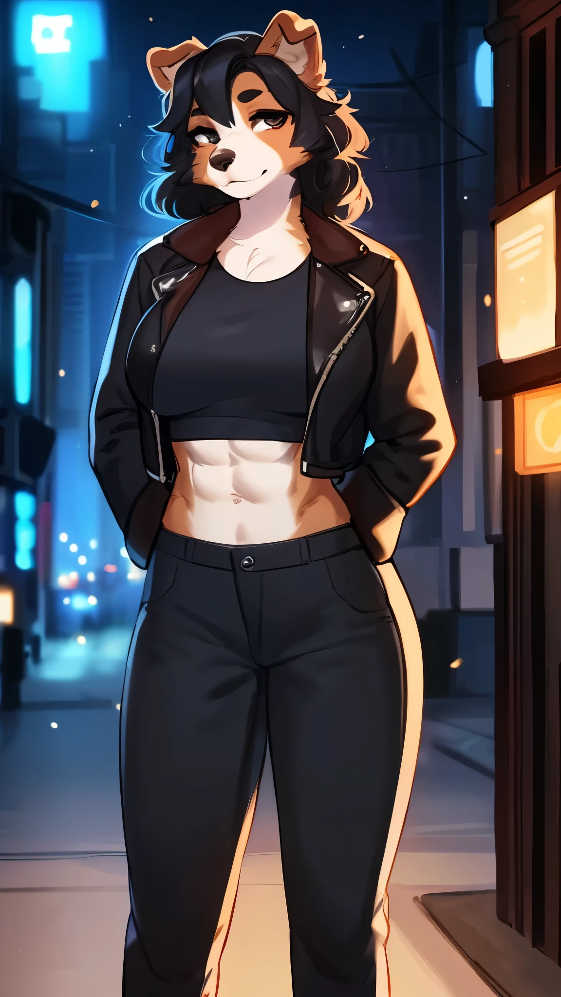 By bebebebebe, by lostgoose, by goonie-san, (by spuydjeks), solo, female, standing, canine, (border collie, detailed eyes), ((snout, hair)), (tan fur, brown fur), wavy hair, black hair, big breasts, hands behind back, looking at viewer, English city, brown townhouses, standing in the city, (high-waisted black jeans), crop shirt, jacket, abs