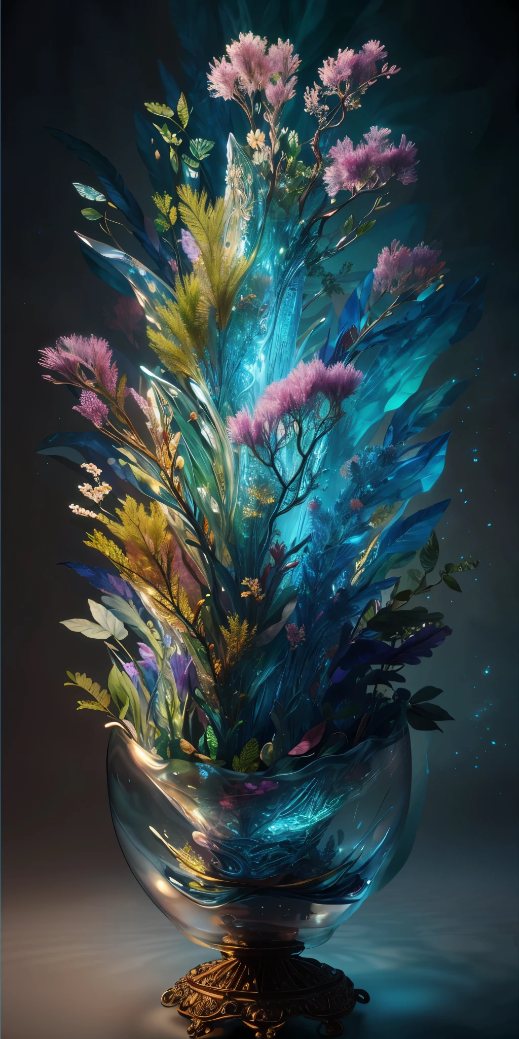 masterpiece of glass sculpture with plants inside, water, glowing, fantasy, high quality, high detail, best quality, rtx, 4k, 8k,