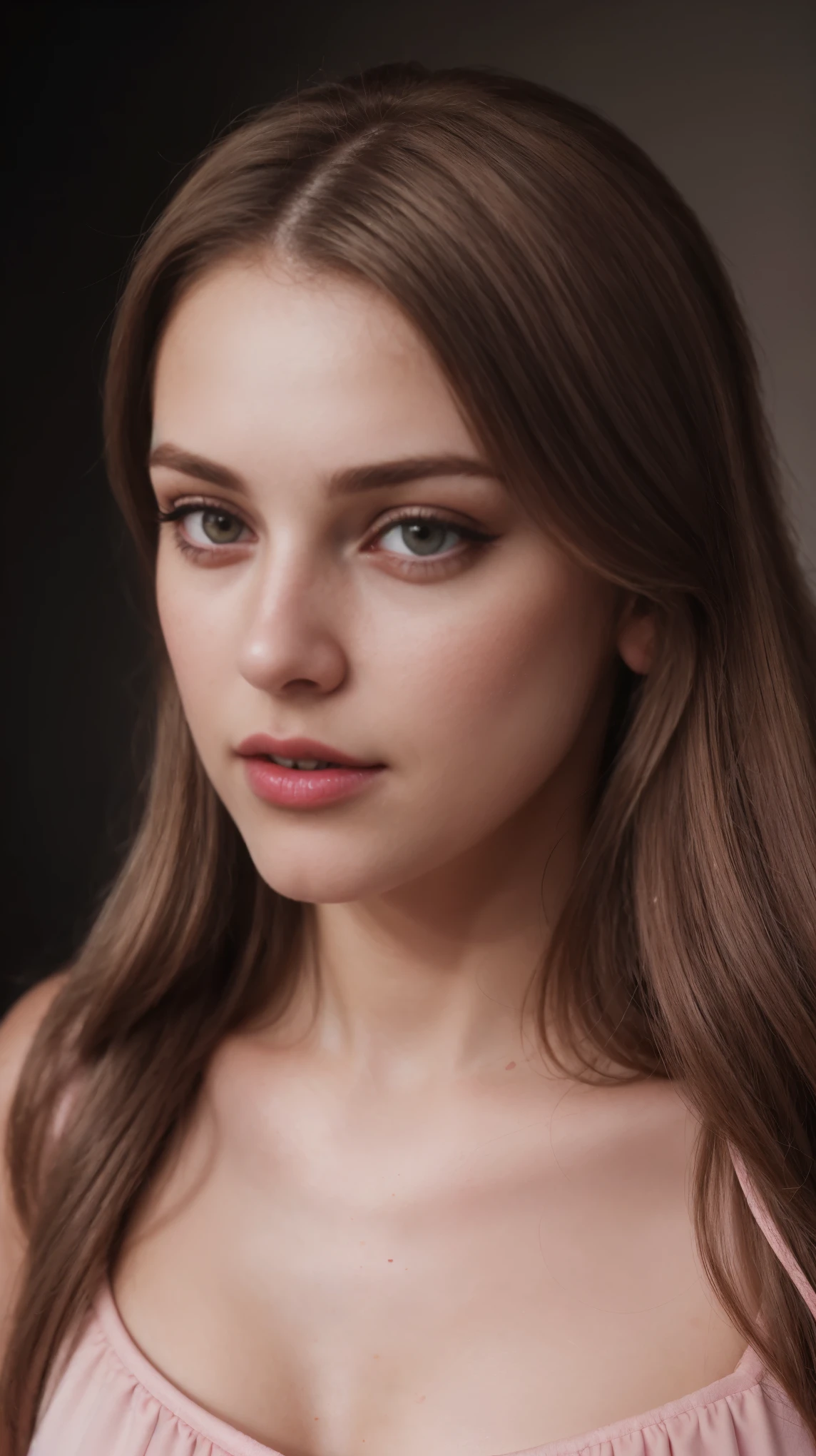Blond brown hair, (RAW photo), (realism: 1.8), (gloss red lipstick, many eyelashes, dark eye shadow, shy, blushing, high quality, high resolution, depth of collage compound field, chromatic aberration, caustic, wide light, dark pink glossy skin, (21 year old woman), stylish girl, pink night drees, skin tight cloths, lots of exposure, posing for photo, visible 8k resolutions,