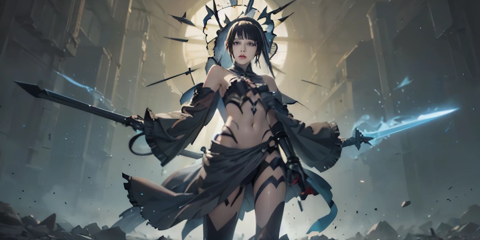 senjumaru shutara, long hair, bangs, blunt bangs, black hair, sidelocks, (black eyes:1.5), makeup, lipstick, red lipstick, 1girl, holding, sword, solo, blue_eyes, holding_weapon, short_hair, holding_sword, outfit-origami, halo, veil, navel, elbow gloves, detached sleeves, frills, bow, navel, standing, dual_wielding, closed_mouth, glowing, bangs, gloves, earrings, looking_at_viewer, glowing_weapon, "glow effects, godrays, Hand drawn, render, 8k, octane render, cinema 4d, blender, dark, atmospheric 4k ultra detailed, cinematic, Sharp focus, big depth of field, Masterpiece, colors, 3d octane render, 4k, concept art, trending on artstation, hyperrealistic, Vivid colors, extremely detailed CG unity 8k wallpaper, trending on CGSociety, Intricate, High Detail, dramatic", anime coloring, anime screencap, sweating, steaming body, fog
