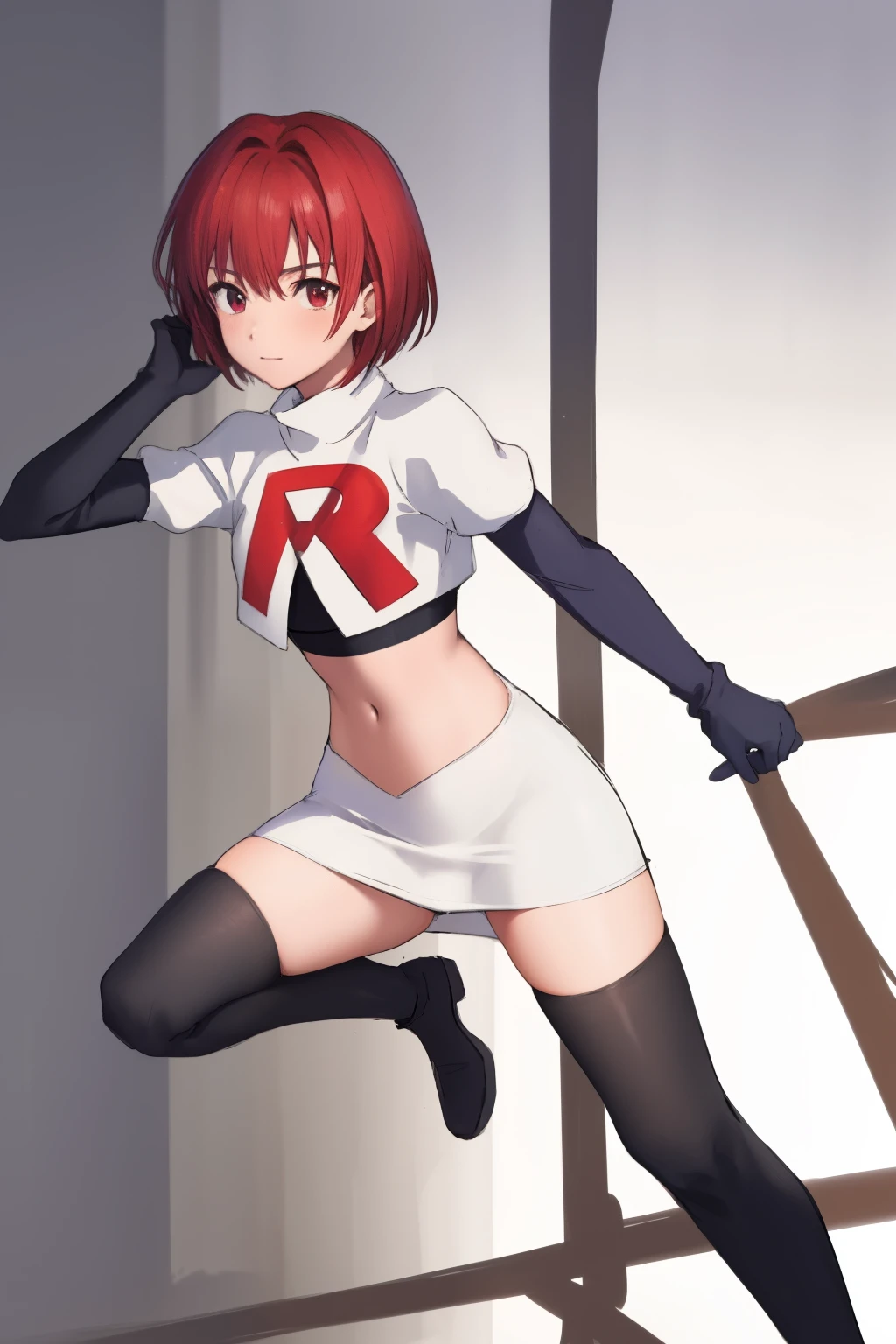 masterpiece, high-detail, sketch, reginaDC, regina, dino crisis, 1girl, female, athletic woman, young, team rocket,team rocket uniform, red letter R, white skirt,white crop top,black thigh-highs,black elbow gloves