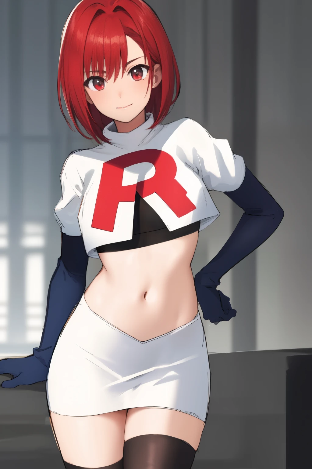 masterpiece, high-detail, sketch, reginaDC, regina, dino crisis, 1girl, female, athletic woman, young, team rocket,team rocket uniform, red letter R, white skirt,white crop top,black thigh-highs,black elbow gloves