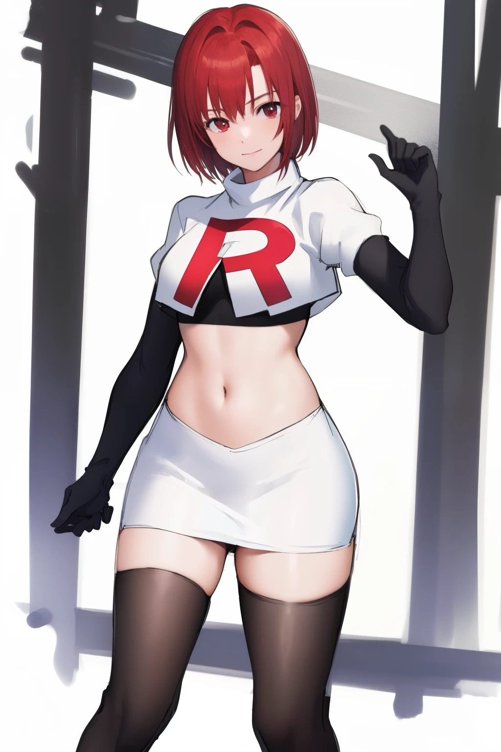 masterpiece, high-detail, sketch, reginaDC, regina, dino crisis, 1girl, female, athletic woman, young, team rocket,team rocket uniform, red letter R, white skirt,white crop top,black thigh-highs,black elbow gloves